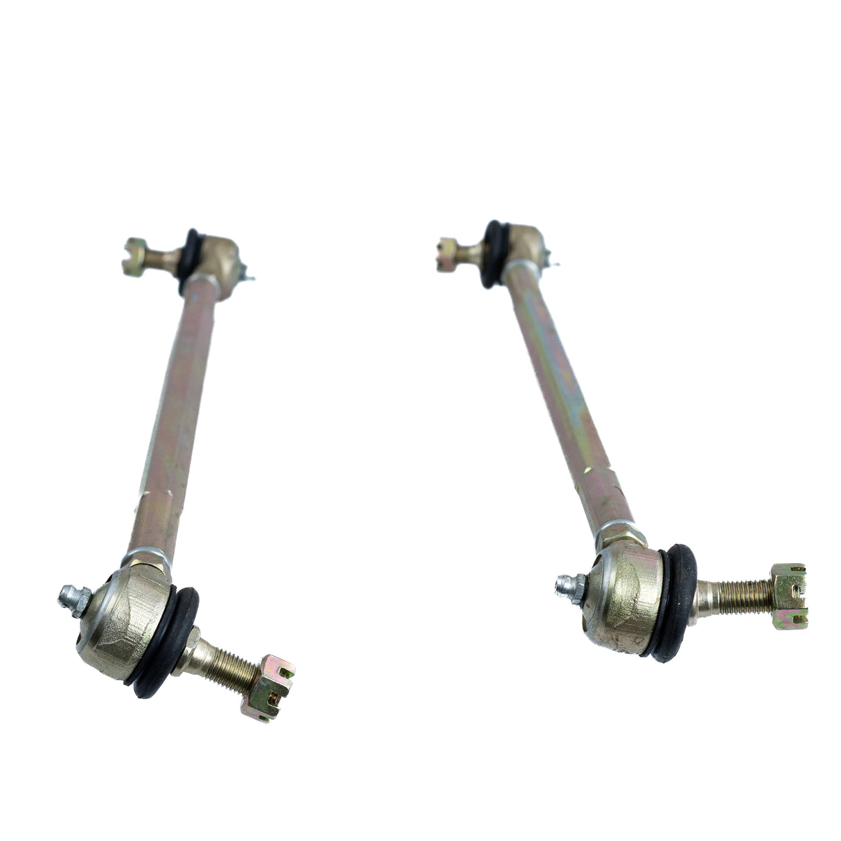 Tie Rod Linkage for the Coleman AT200-B ATV (Set of 2) shown with metal rods, ball joints, lock nuts, grease zerks, and castle nuts, essential for the ATV's steering system.