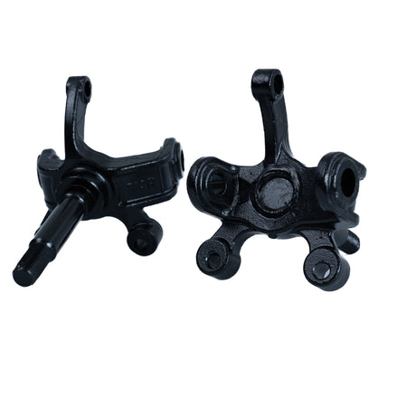 Spindle Wheel Mount Set (Left & Right) for the Coleman AT200-B ATV, featuring black metal spindles with multiple holes, a 3-9/16 stud, and M14-1.50 thread.