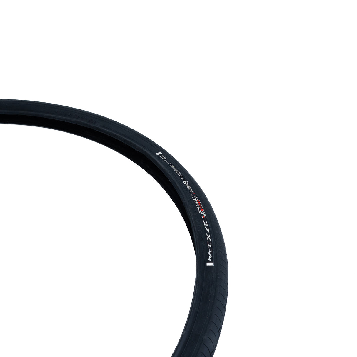 27x1-1/4 Black Flat Shield Road Bicycle Tire from Sunlite, shown close-up against a white background, highlighting its tread pattern and robust build for reliable bike performance.