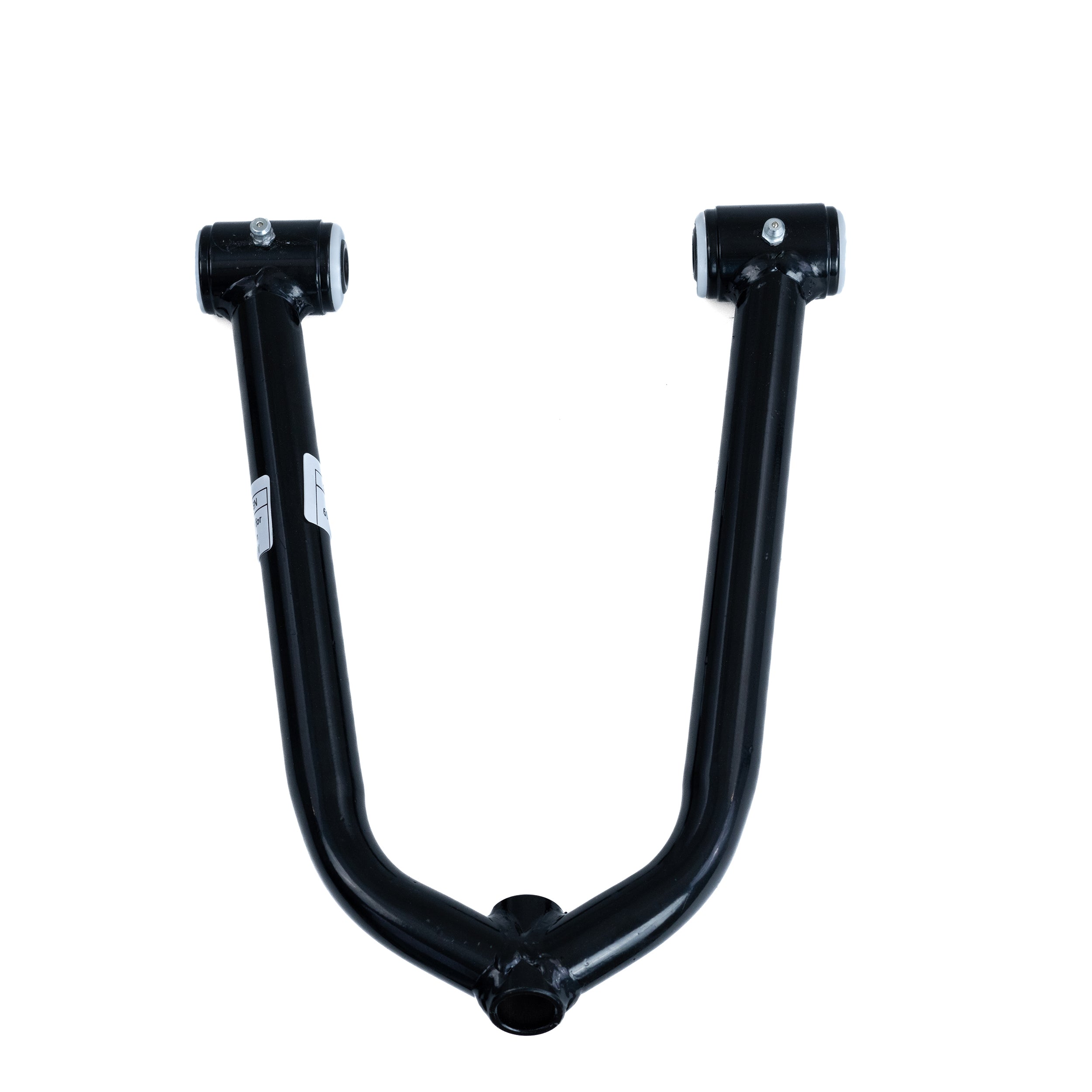 Upper A-Arm for the Coleman AT200-B ATV, showcasing a black enameled steel arm with pre-installed bushings, spacers, and grease fittings, crucial for steering and suspension.