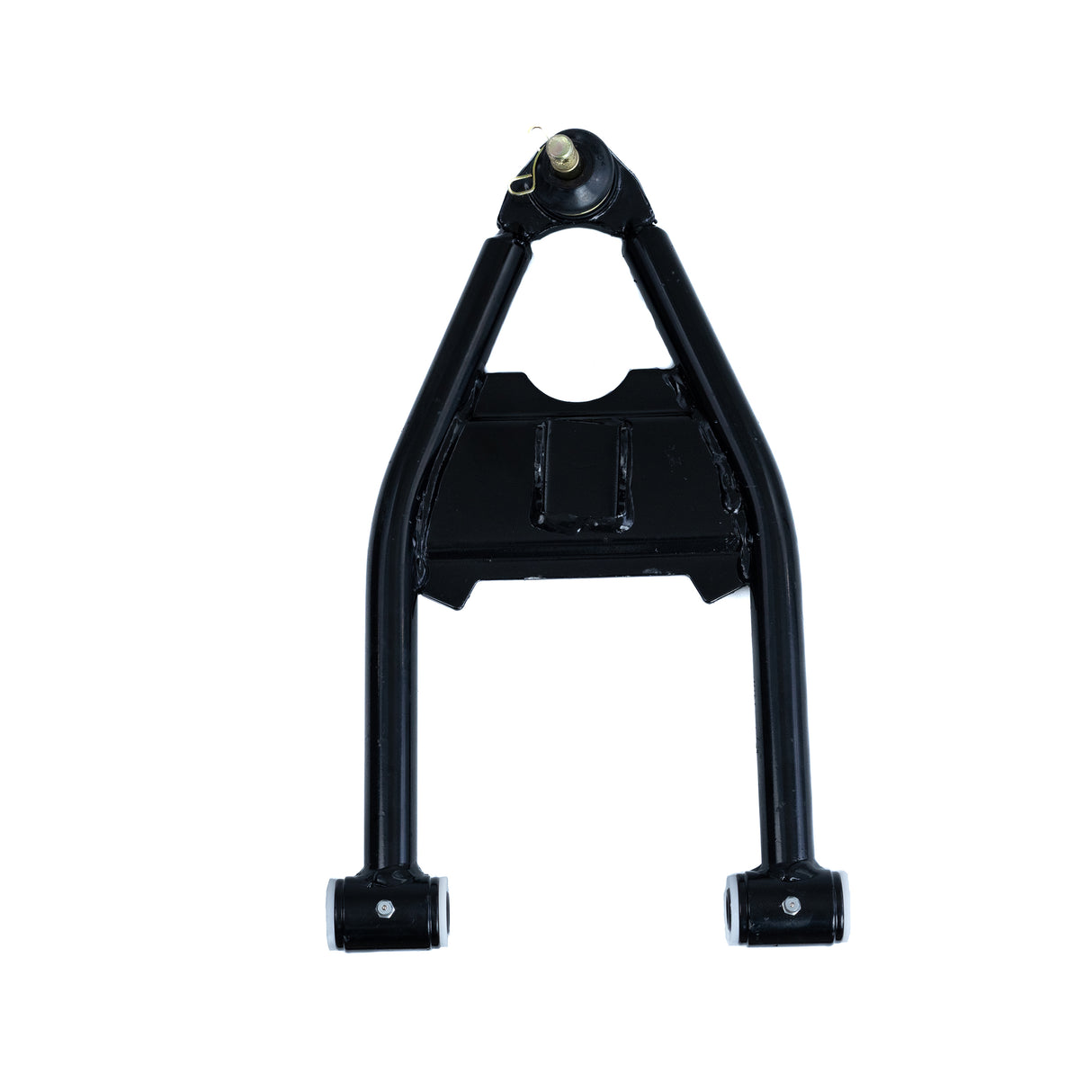 Lower A-Arm for the Coleman AT200-B ATV, a black metal component with a hole, featuring pre-installed bushings, spacers, and grease fittings, essential for the steering and suspension system.