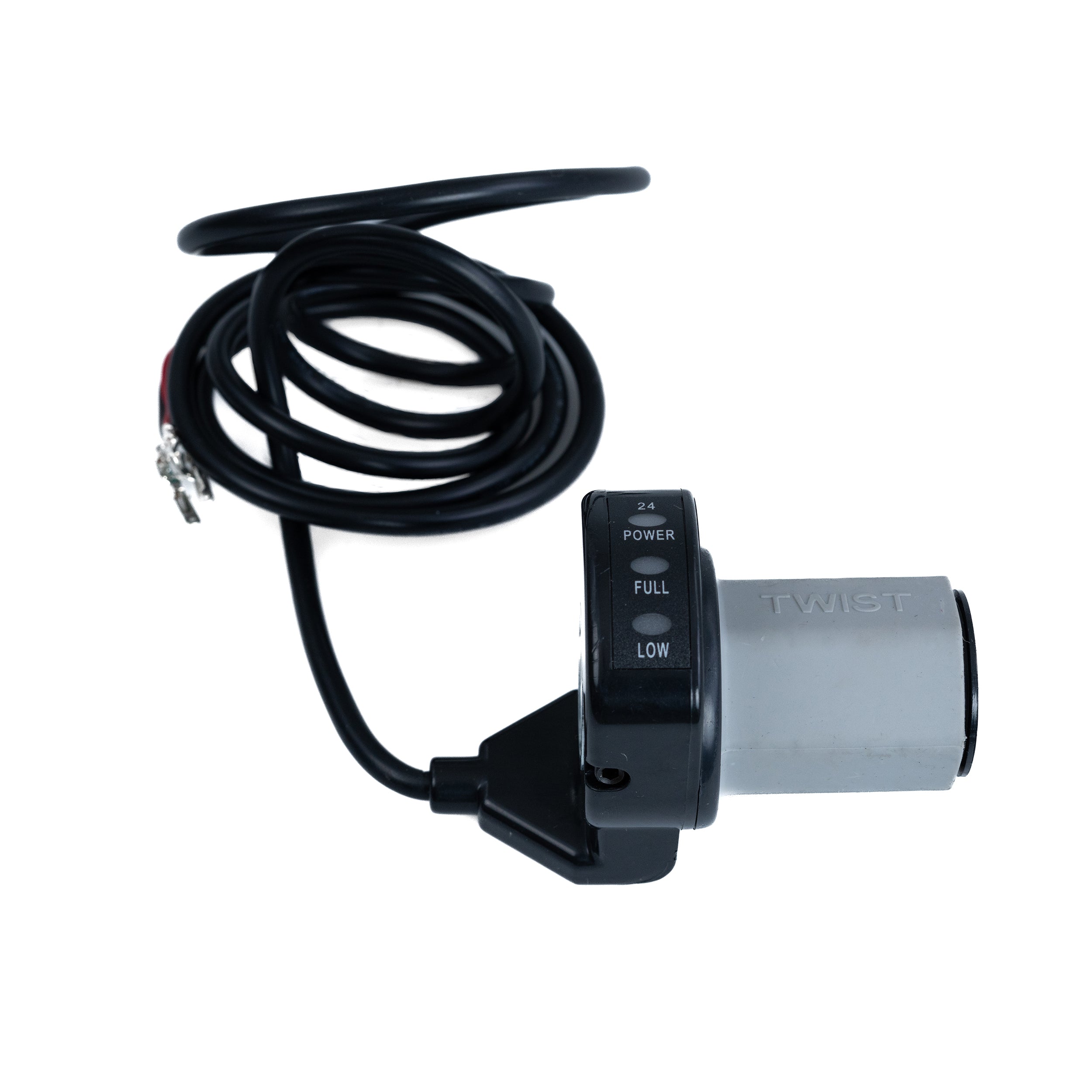 Razor Variable Speed 5-Wire Twist Grip Throttle for Razor iMod, All Versions, close-up showing the black cable, metal end pieces, and built-in battery level indicator designed for easy plug-and-play installation.