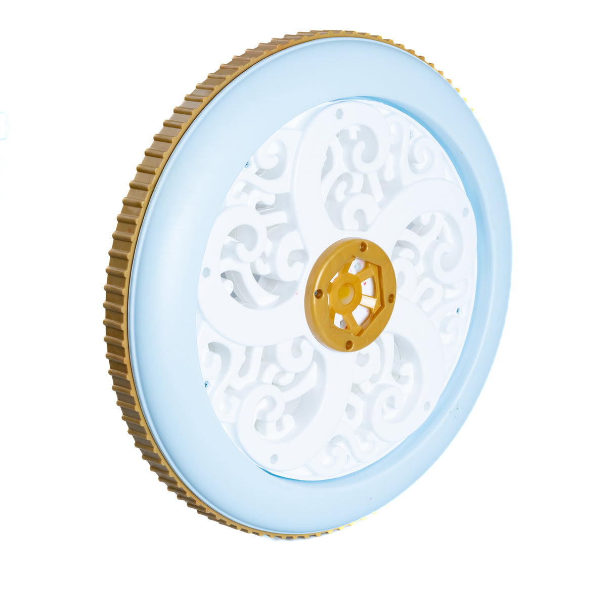 Front Wheel for the Dynacraft Disney Princess Cinderella Electric 24V Carriage, featuring a white, baby blue, and gold plastic assembly with molded filigree spokes and a ridged outer strip.