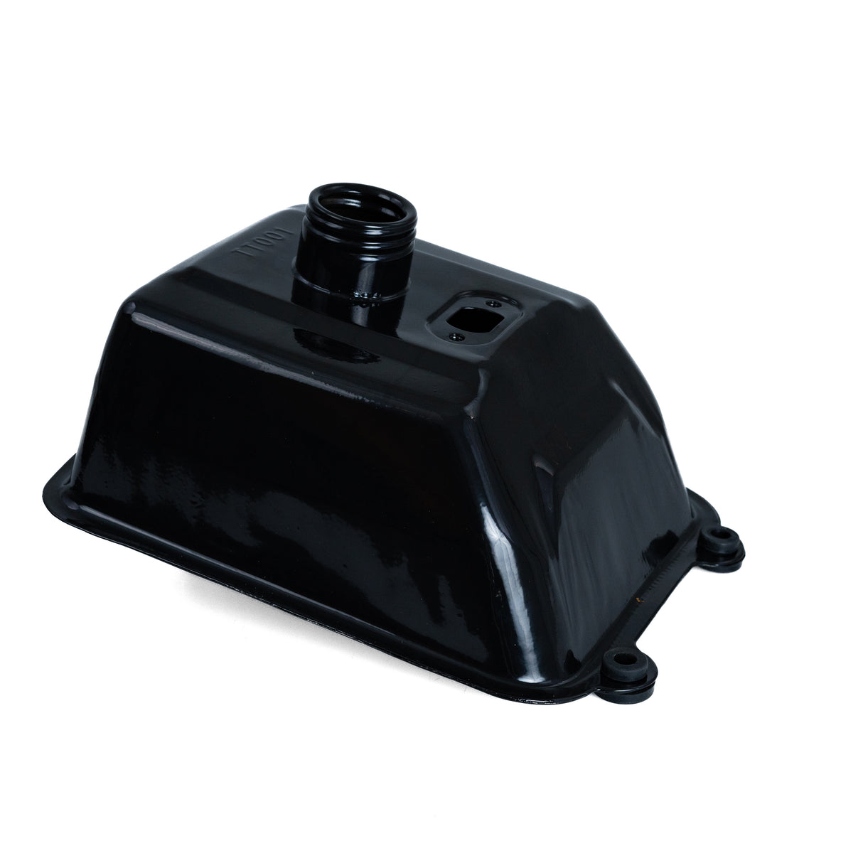 Black metal fuel tank for the Coleman AT200-B ATV with a single front mounting tab and two rear tabs, designed with a hole for the cap (sold separately).