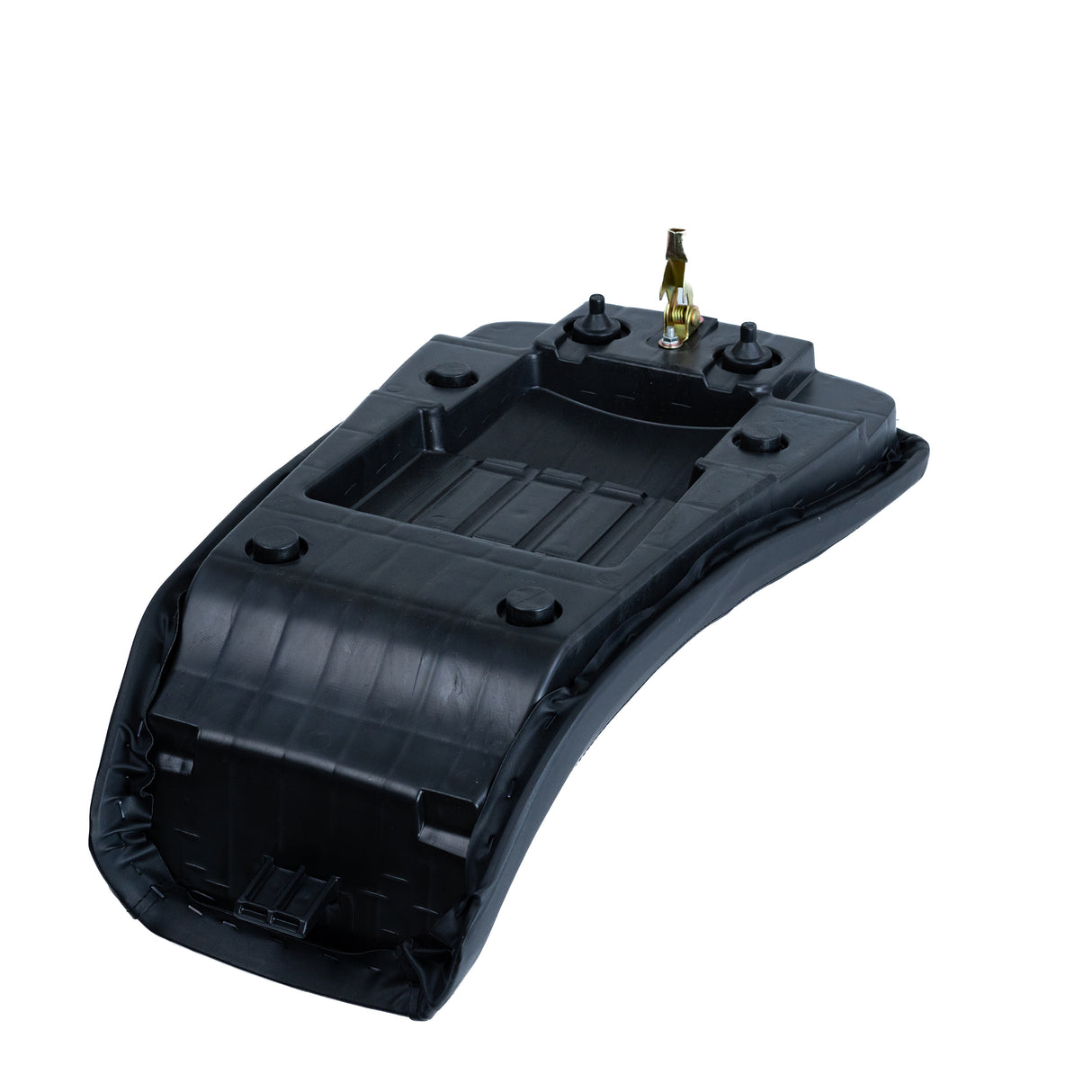 Seat for the Coleman AT200-B ATV with black vinyl upholstery, featuring a spring latch and clip for secure attachment. The seat has visible screws and a round top for easy installation.