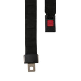 Universal Seat Belt with Push Button Buckle for Scooters and Power Chairs, featuring a durable black nylon strap with a red square button and secure axle-mount connection for enhanced safety and stability.