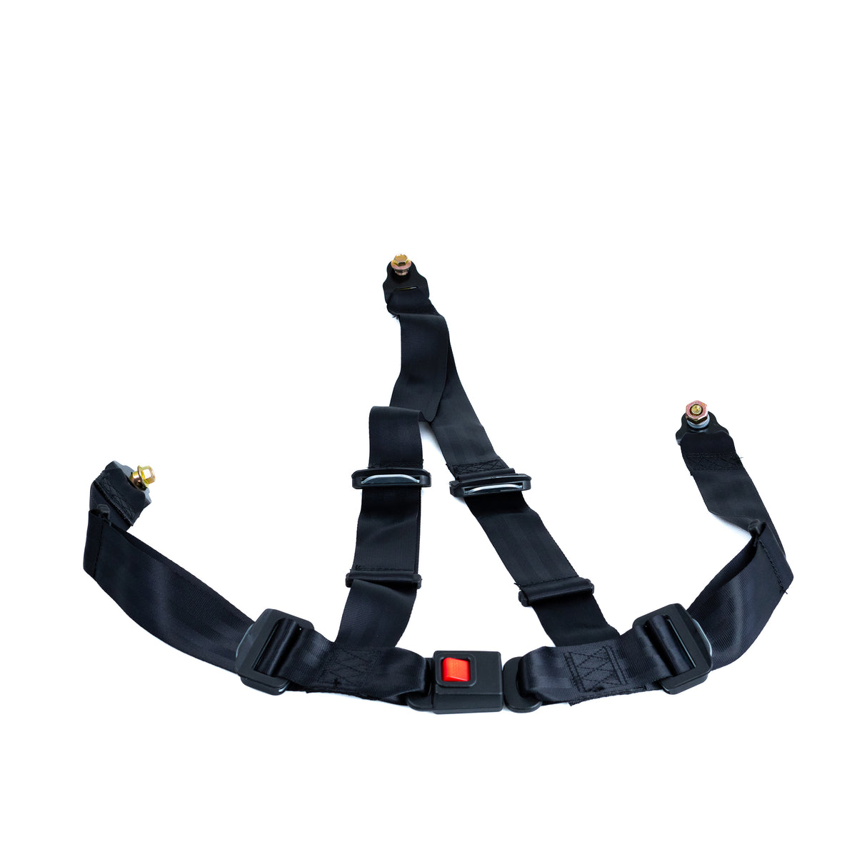 3-Point 4-Strap Seat Belt for Go-Karts featuring a black strap with a red push-button release and adjustable shoulder straps for enhanced safety and secure fit.