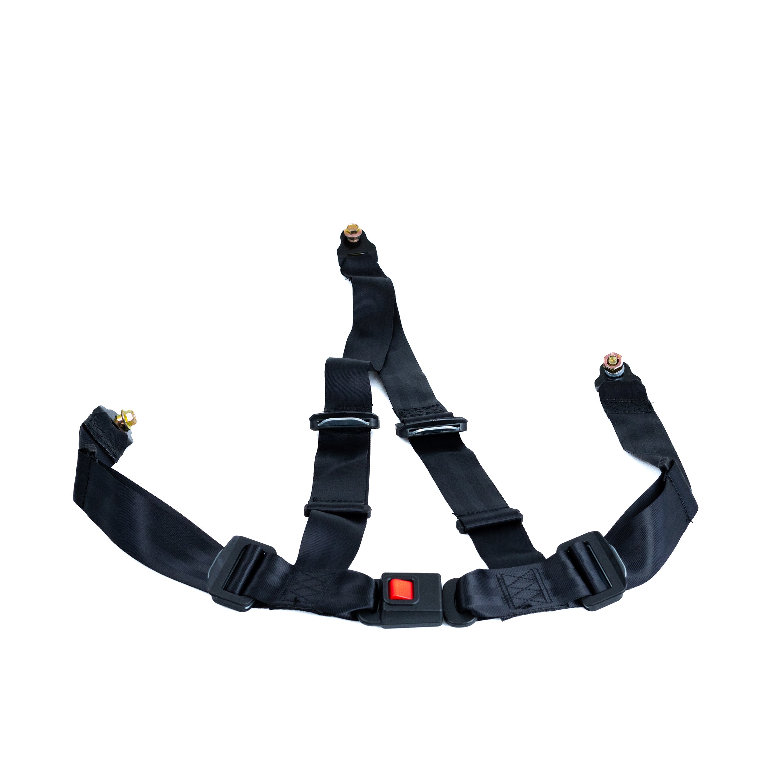 3-Point 4-Strap Seat Belt for Go-Karts (Black) featuring a black strap with a red push-button release, strong 3-point attachment, and adjustable shoulder straps.