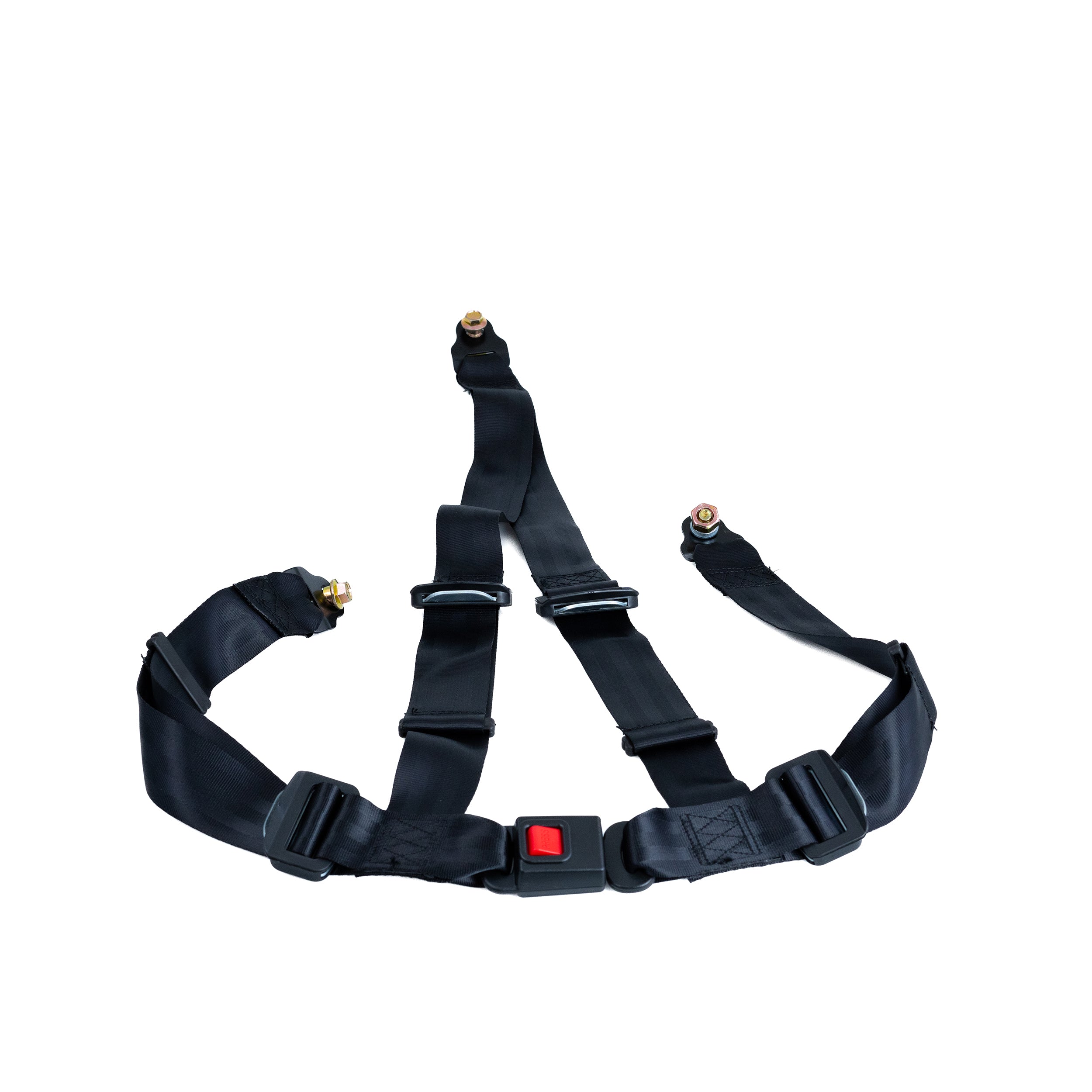 3-Point 4-Strap Seat Belt for Go-Karts with a black strap and a red push-button release, showing strong attachment points and screws for secure installation.