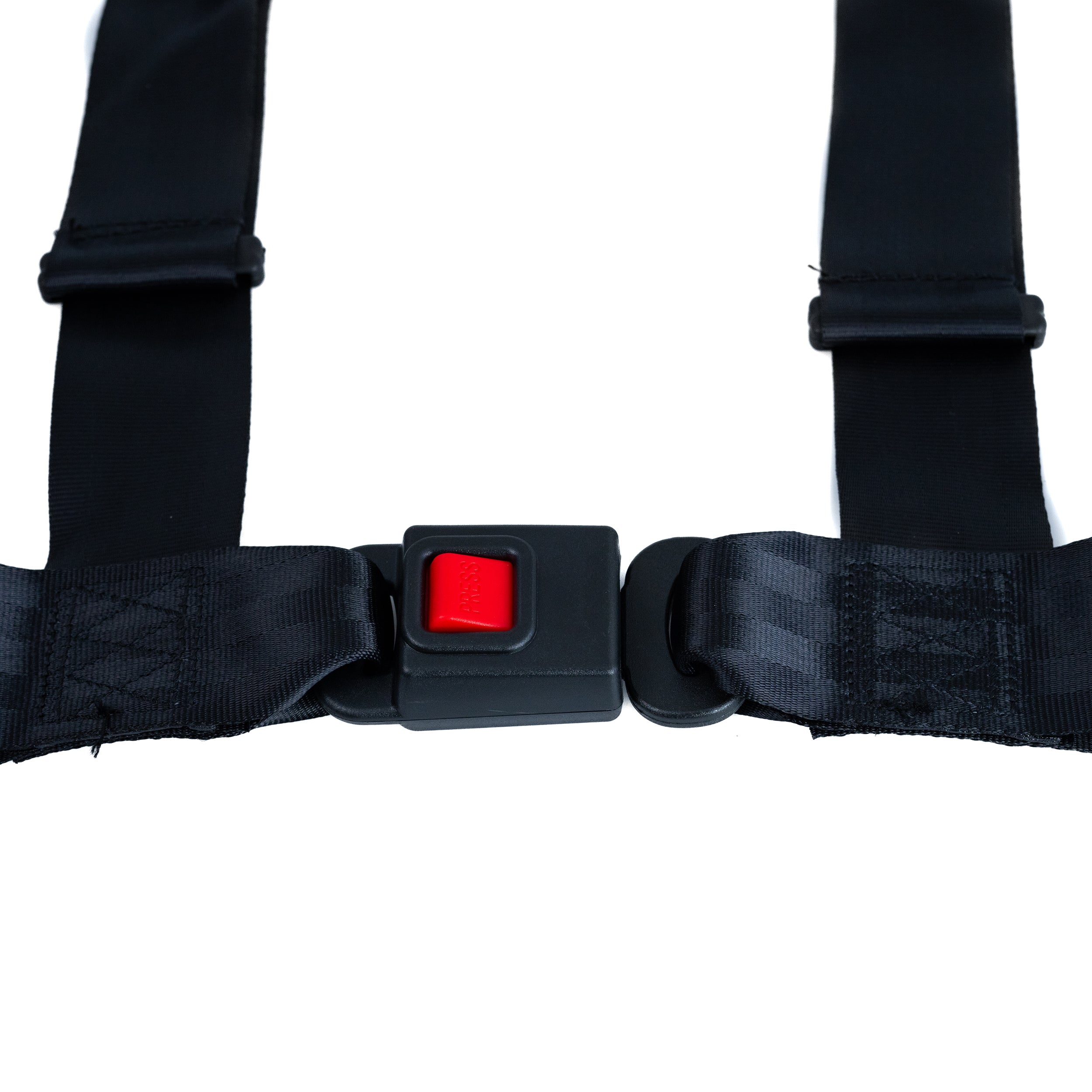 Close-up of a 3-Point 4-Strap Seat Belt for Go-Karts featuring a black strap with a red push-button release, designed for secure and adjustable attachment in go-karts.