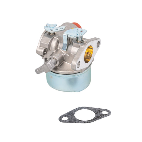 Carburetor 640278 for Tecumseh LEV115 & LEV120 Engines; image shows the carburetor and included gasket, close-up of metal components. Suitable for lawn mowers and small engine applications.