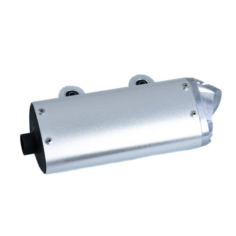 Muffler for the Coleman AT200-B ATV, featuring a sandblasted silver finish, black round end, and wheels, designed as an affordable replacement for damaged or missing exhausts.