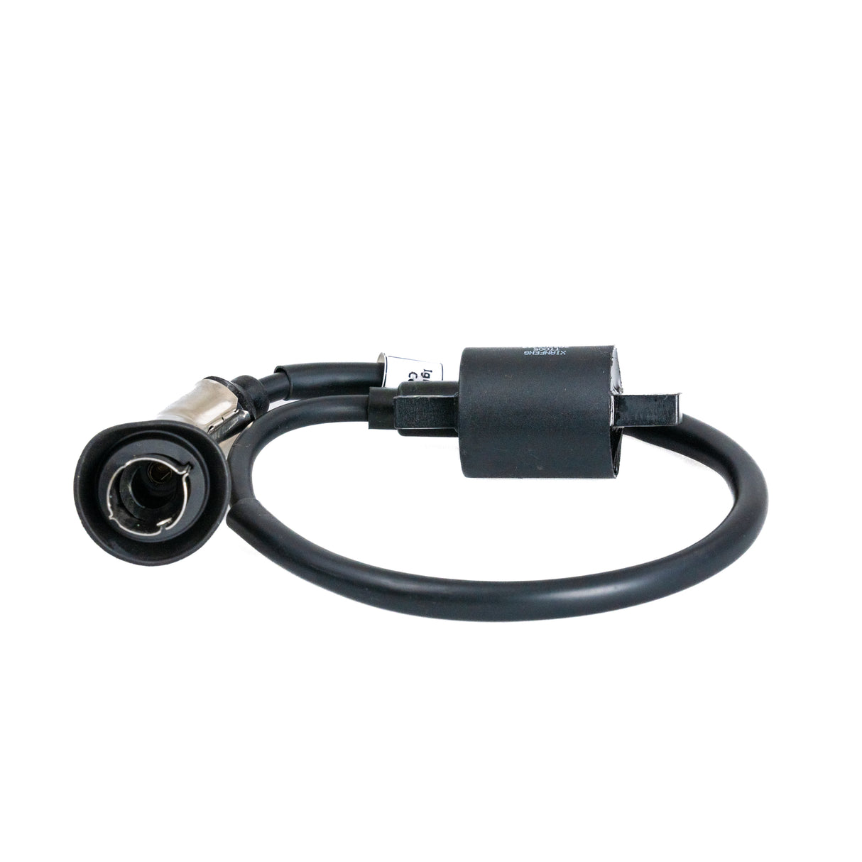 Ignition Coil for the Coleman AT200-B ATV featuring a black cable with a white label and a 90° metal cap, designed to convert battery charge into engine-firing electrical energy.