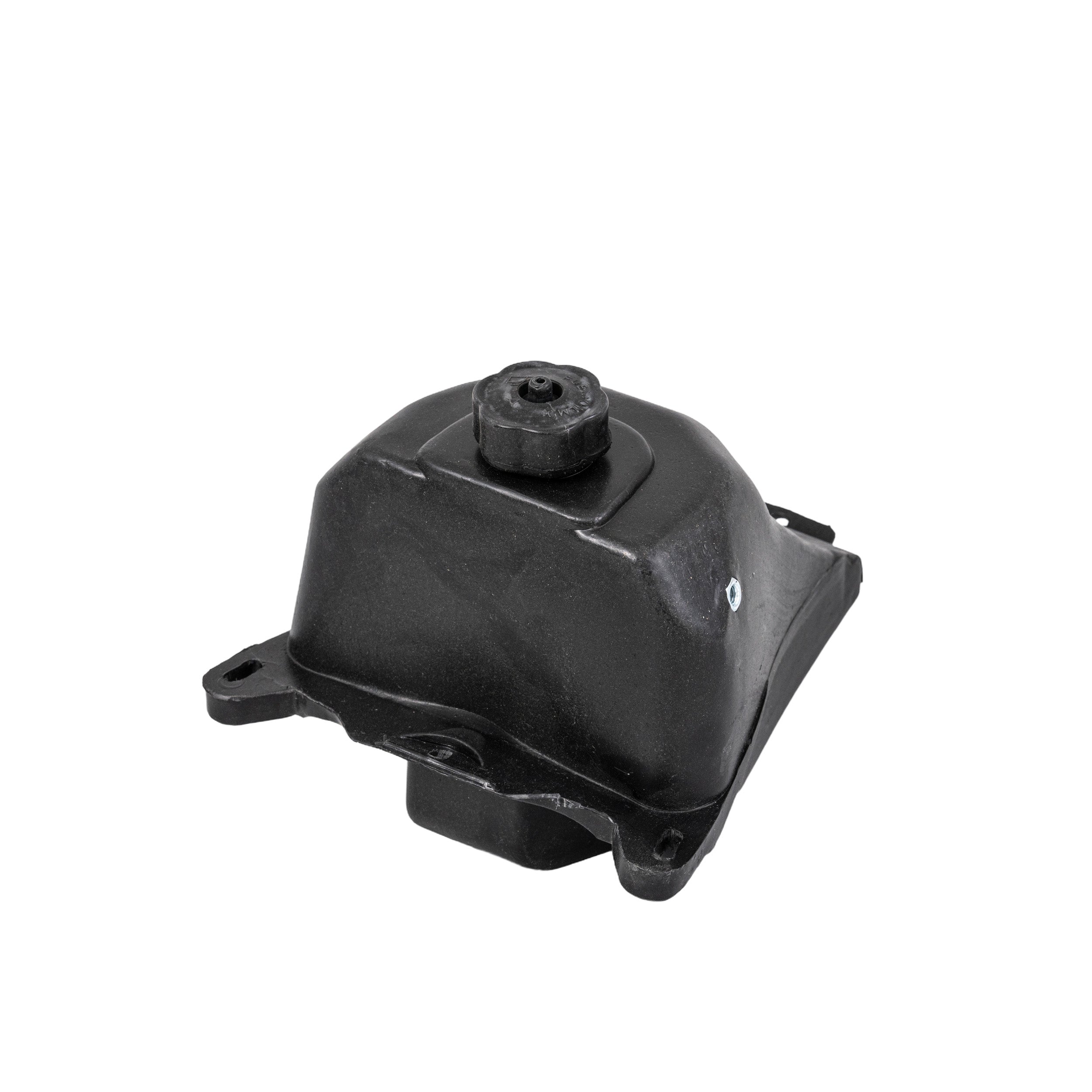 Fuel Tank for 50cc Dirt Bikes: a small black plastic tank with four 3/8 mounting holes and included cap, suitable for mounting on home-built dirt bikes.