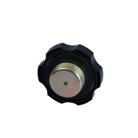 Screw-On Gas Cap (Fuel Cap) for 6.5 Hp Engines, featuring a durable black plastic cap with a black and silver screw design, providing a secure seal and integrated fuel strainer.