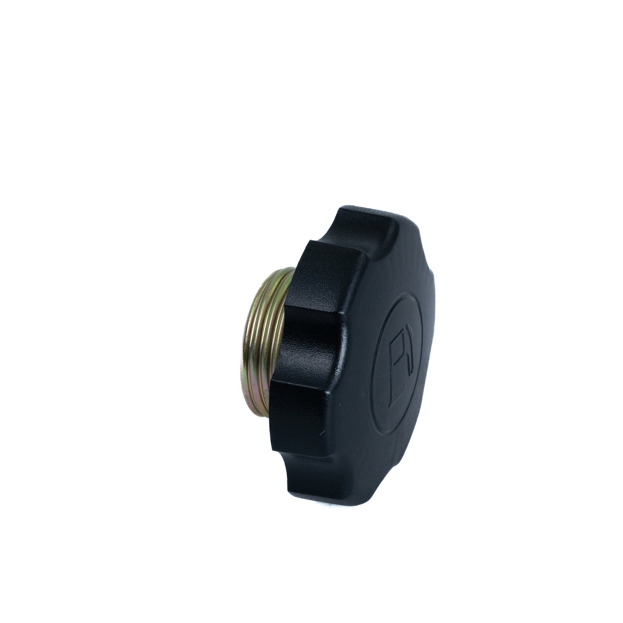 Screw-On Gas Cap (Fuel Cap) for 6.5 Hp Engines, featuring a durable black plastic exterior with a gold thread and integrated metal fuel strainer, designed for secure sealing and optimal engine performance.