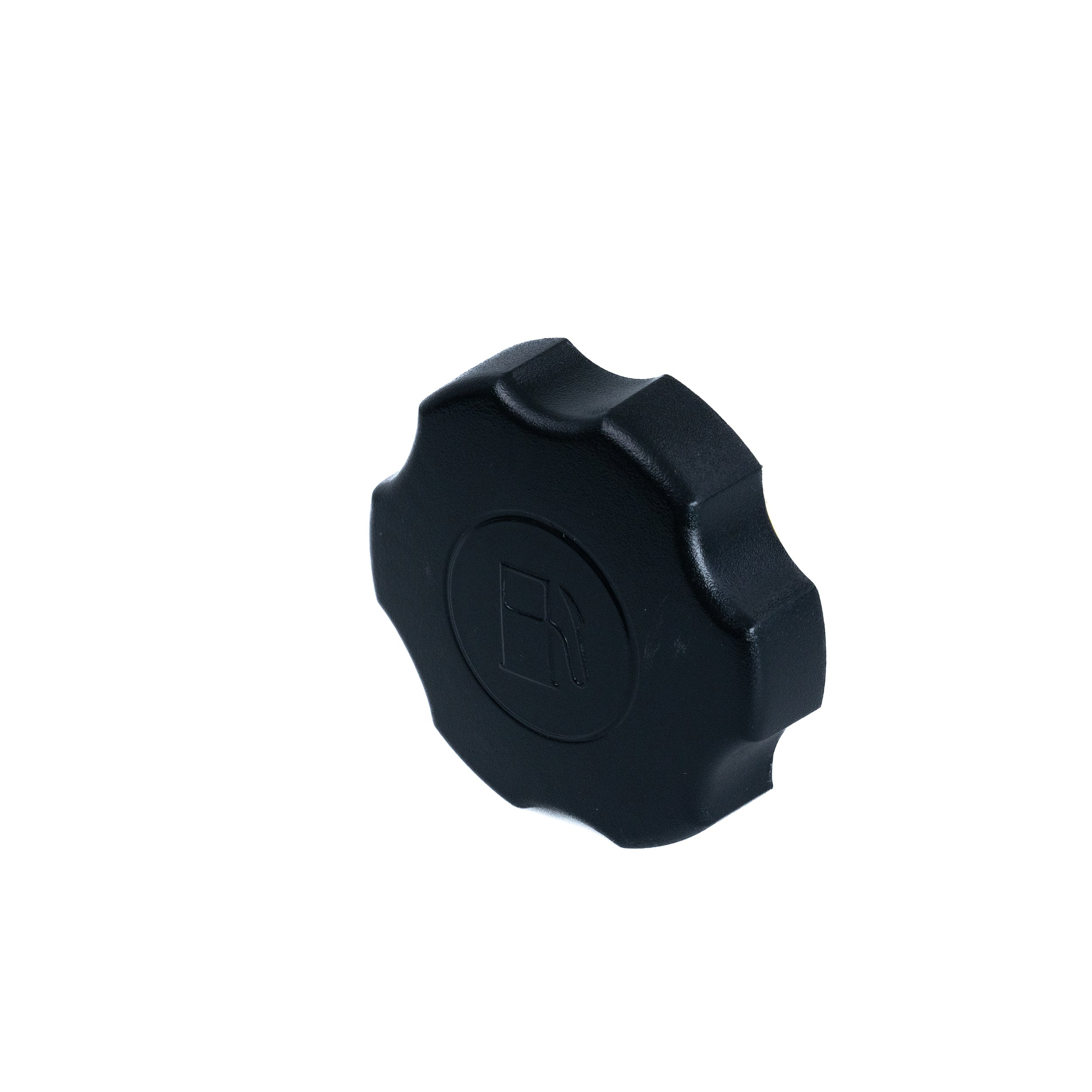 Screw-On Gas Cap (Fuel Cap) for 6.5 Hp Engines, black plastic with logo, close-up view showing sturdy construction.