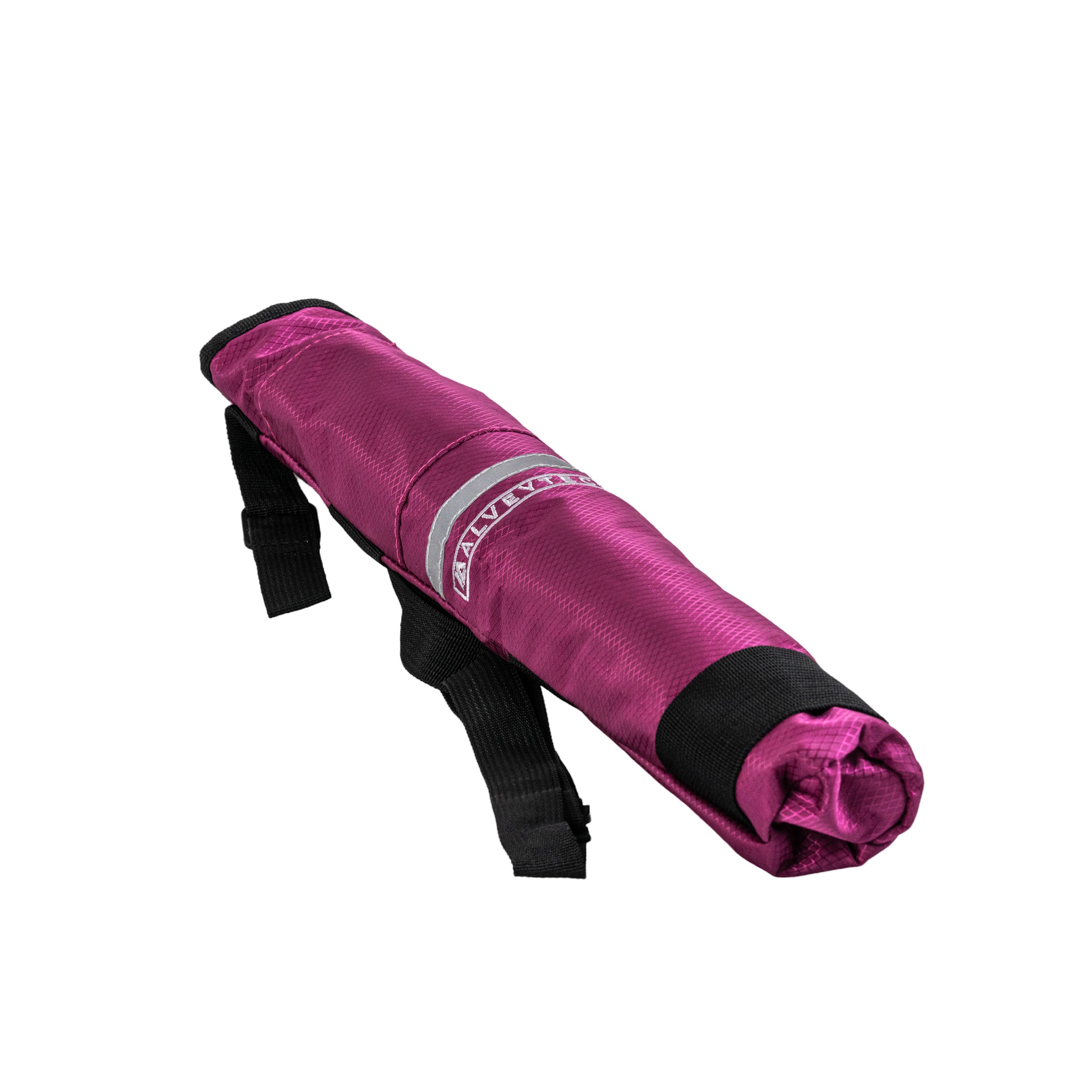 Universal Cane Holder for Mobility Scooters & Power Chairs, featuring a purple and black ripstop fabric pouch with black straps, designed for easy attachment to the backrest of mobility devices.