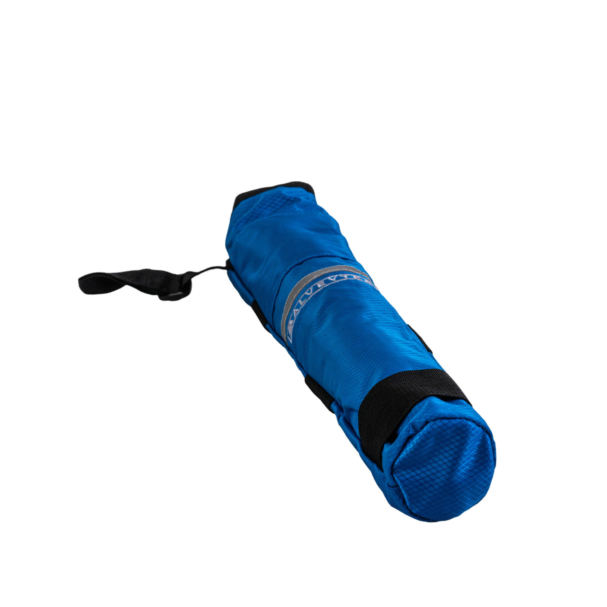 Universal Cane Holder for Mobility Scooters & Power Chairs, featuring a blue fabric pouch with a black adjustable strap for secure attachment to the backrest.