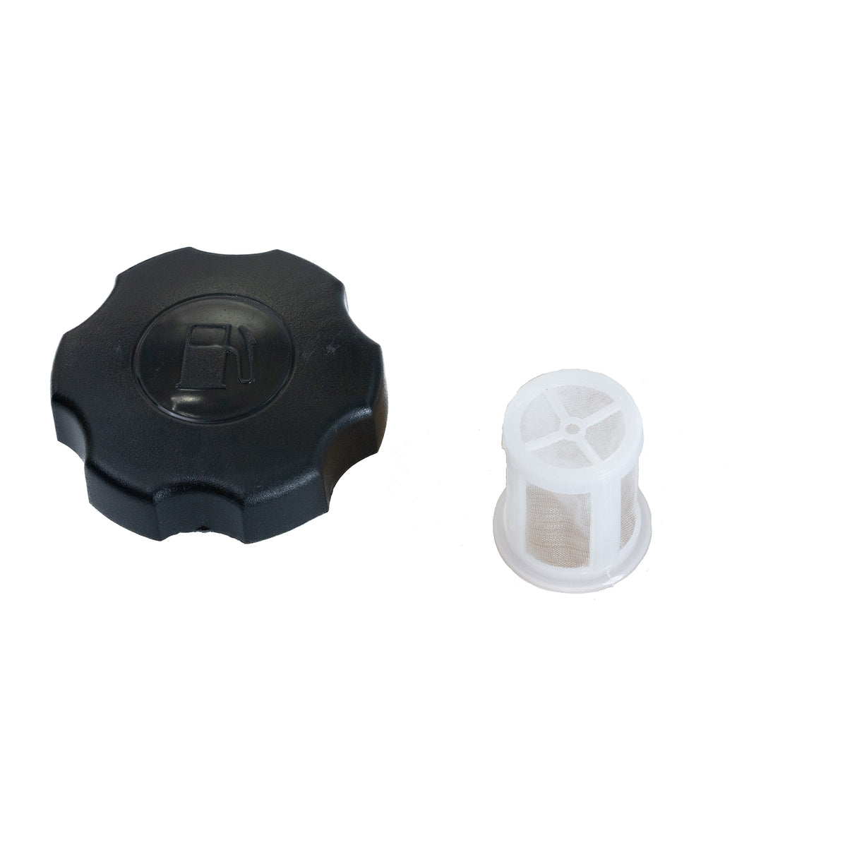 Screw-On Gas Cap (Fuel Cap) for 6.5 Hp Engines featuring a black plastic cap with an integrated white plastic mesh fuel strainer.