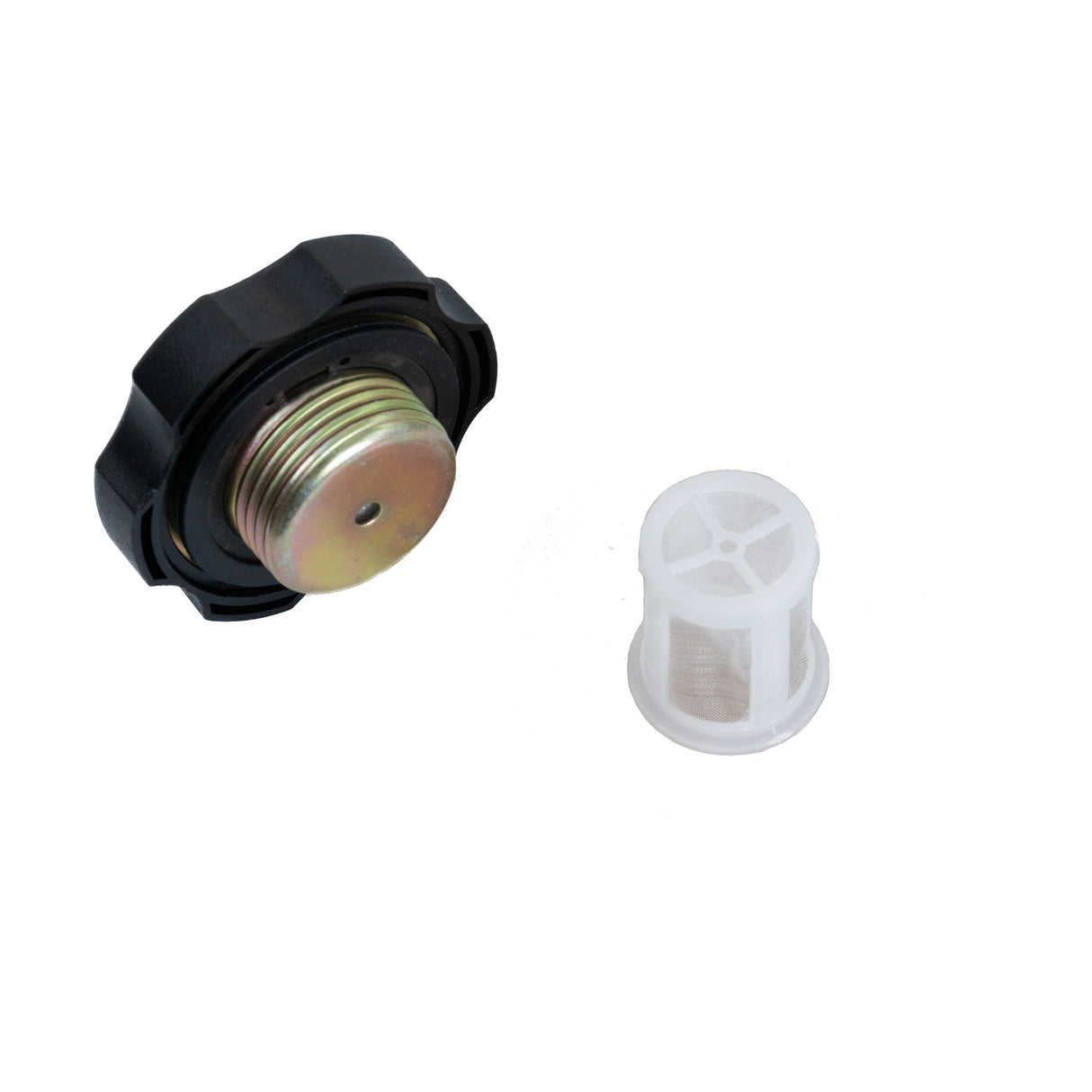 Screw-On Gas Cap (Fuel Cap) for 6.5 Hp Engines, featuring a durable plastic and metal design with an integrated white plastic fuel strainer.