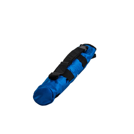 Universal Cane Holder for Mobility Scooters & Power Chairs, showing a close-up of the blue and black fabric pouch with a black strap, designed for securing canes up to 2-3/4 in diameter.