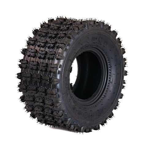 18x9.5-8 Rear Tire for Coleman AT125-EX & AT125-UT ATVs featuring a knobby tread with spikes and a tubeless pneumatic design, ideal for soft surfaces and mud.