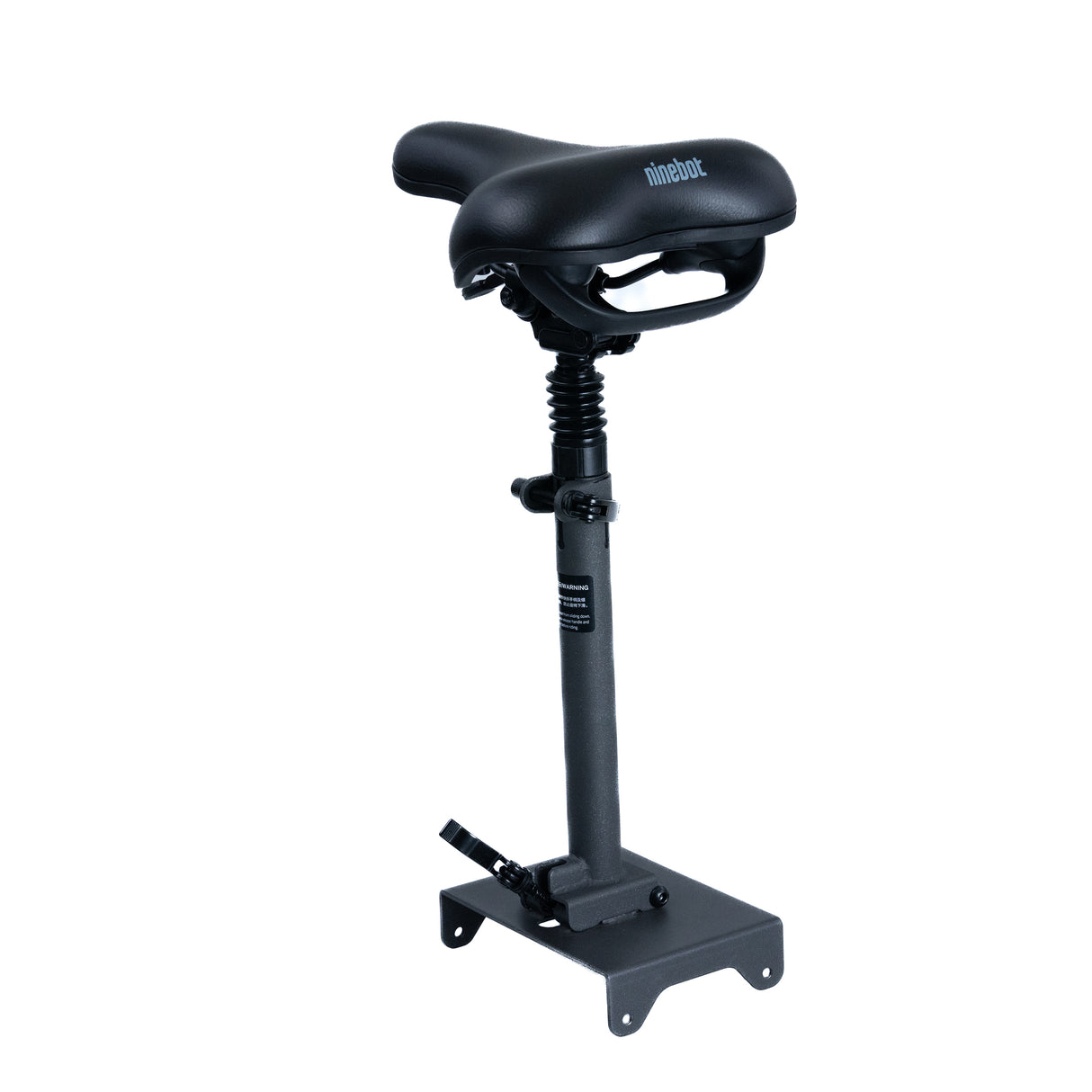 Seat with Mounting Post for the Ninebot MAX G30 Scooter, featuring a black, well-padded bicycle seat with white text, mounted on a stand with a shock absorber and adjustable post for rider comfort.