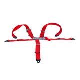 5-Point Seat Belt for Go-Karts with red straps, metal clasps, and a latch and link connector, ensuring secure attachment for both shoulders and floor.