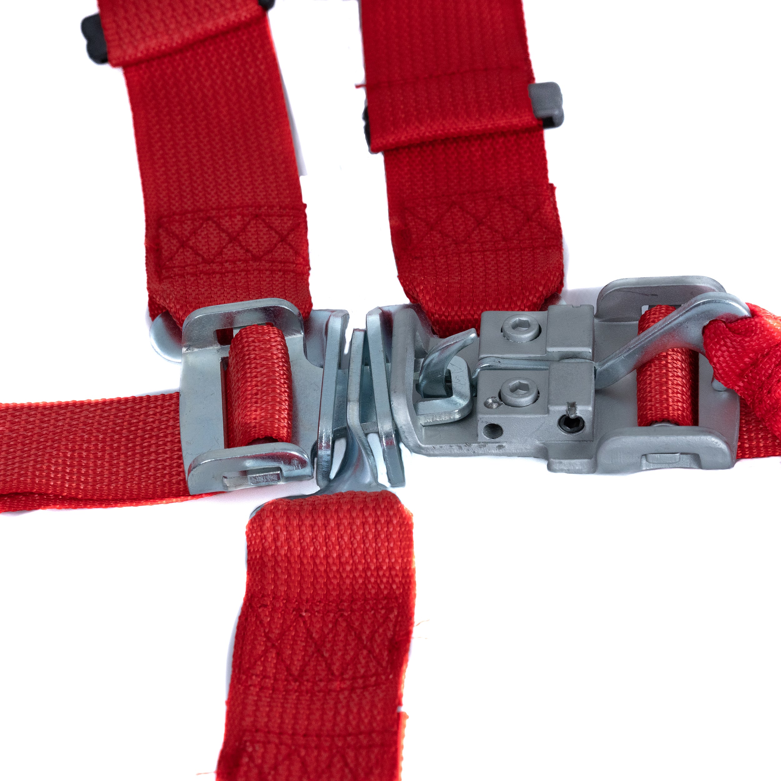 5-Point Seat Belt for Go-Karts with a metal clasp and red fabric, featuring a 5-point attachment and latch and link connector for enhanced safety and secure fitting.