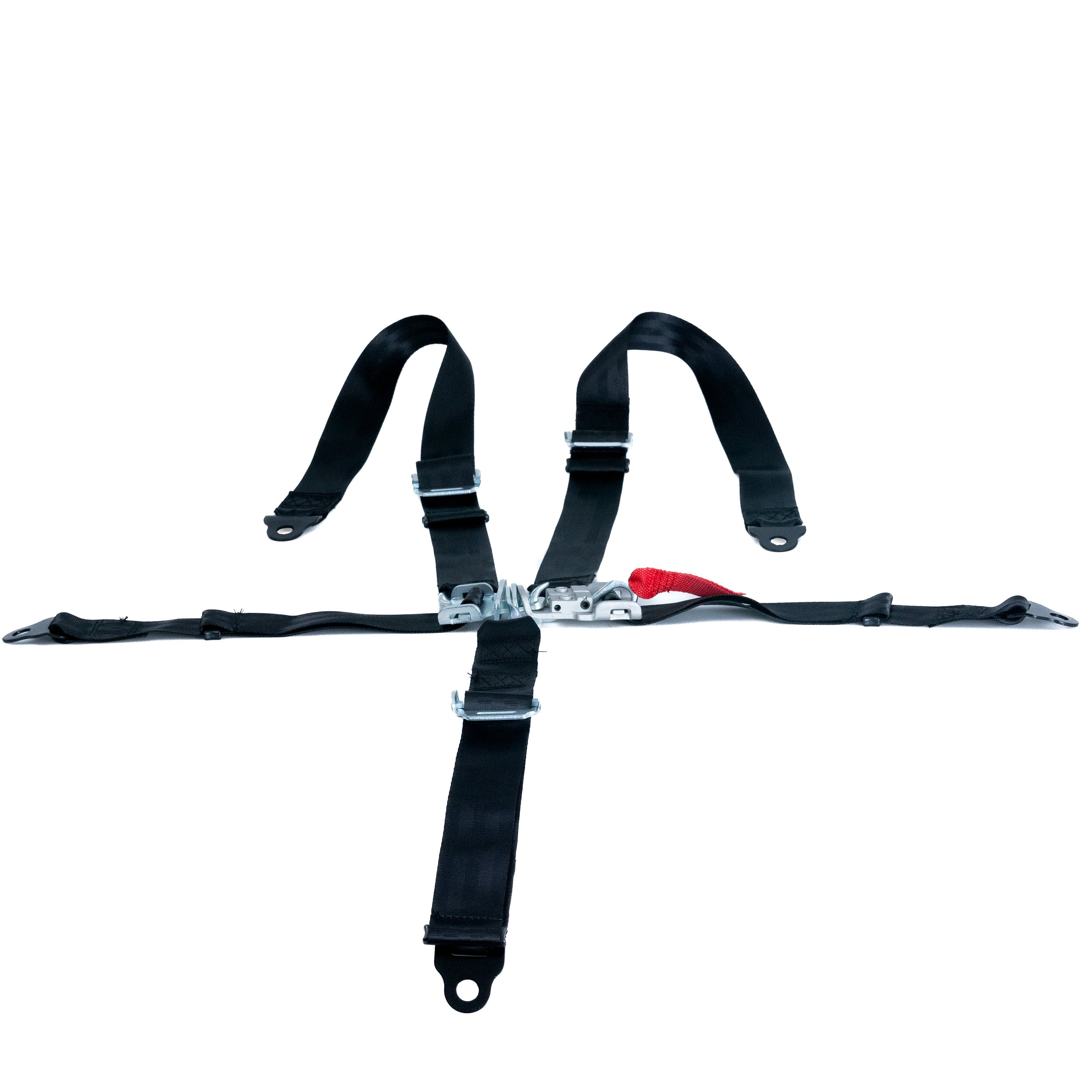 5-Point Seat Belt for Go-Karts featuring black straps with a red and silver buckle, providing secure attachment with a latch and link connector for enhanced rider safety.