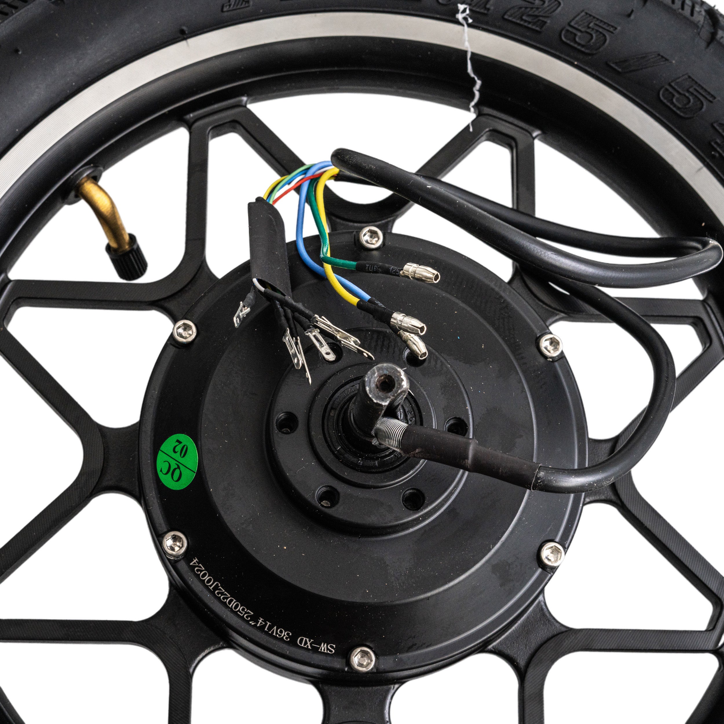 Rear Wheel Assembly with 36 Volt Hub Motor for the Swagtron EB5 Pro Electric Bike featuring a black tire, rim, wires, and a green sticker with numbers.