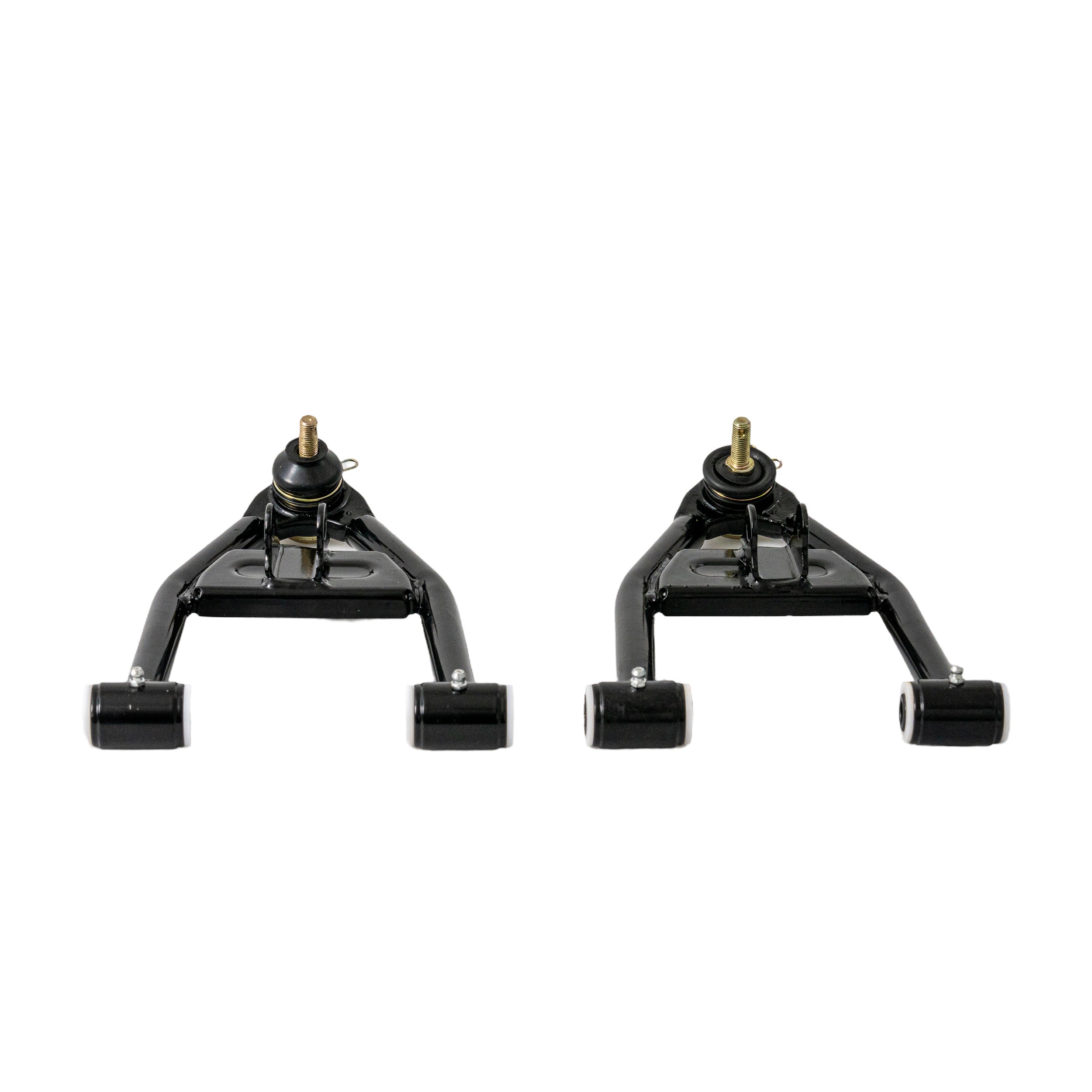 Lower A-Arm for Coleman AT125-EX & AT125-UT ATVs, black enameled steel parts with gold nuts and pre-installed bushings, spacers, and grease fittings, essential for steering and suspension systems.