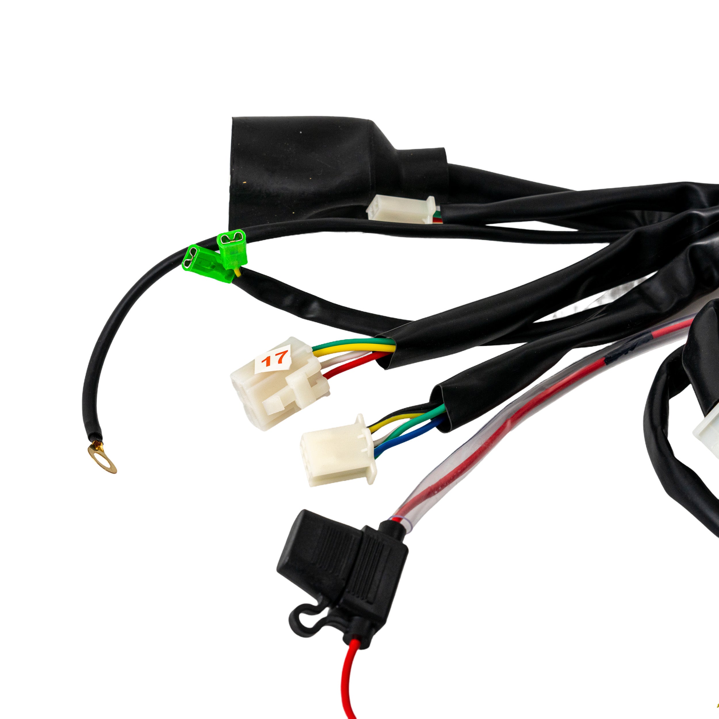 Close-up of the Wiring Harness for the TaoTao GK110 Go-Kart, showing wires, connectors, and a black plastic device with a red light, designed for 110 to 150cc 4-stroke engines.