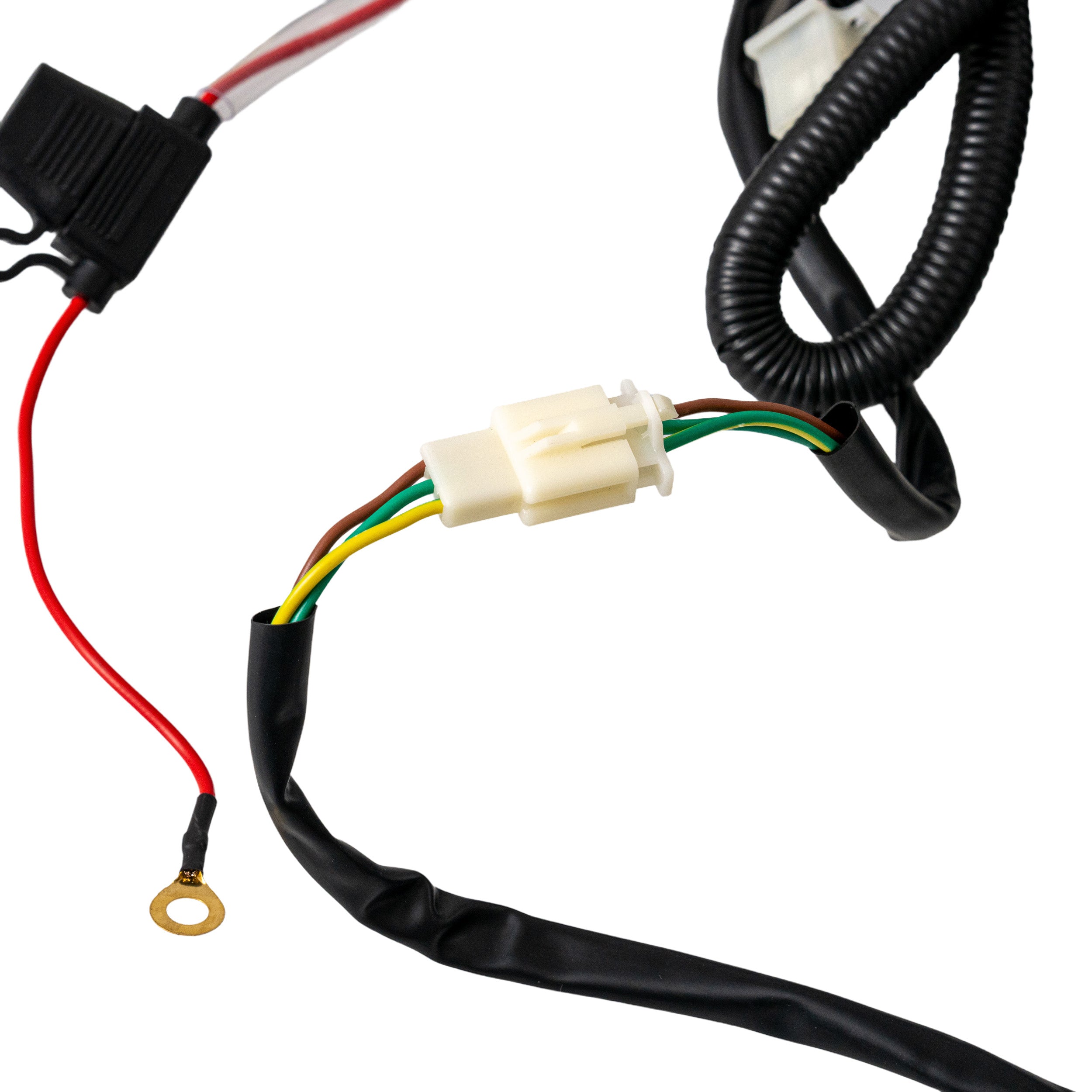 Wiring Harness for the TaoTao GK110 Go-Kart, featuring multiple wires, connectors, and a black corrugated tube in a close-up view. Suitable for 110 to 150cc 4-stroke engines.