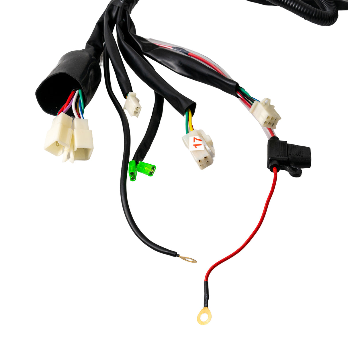 Wiring Harness for the TaoTao GK110 Go-Kart, featuring close-up details of electrical wires, connectors, and cables essential for 110 to 150cc 4-stroke engine powersports machines.