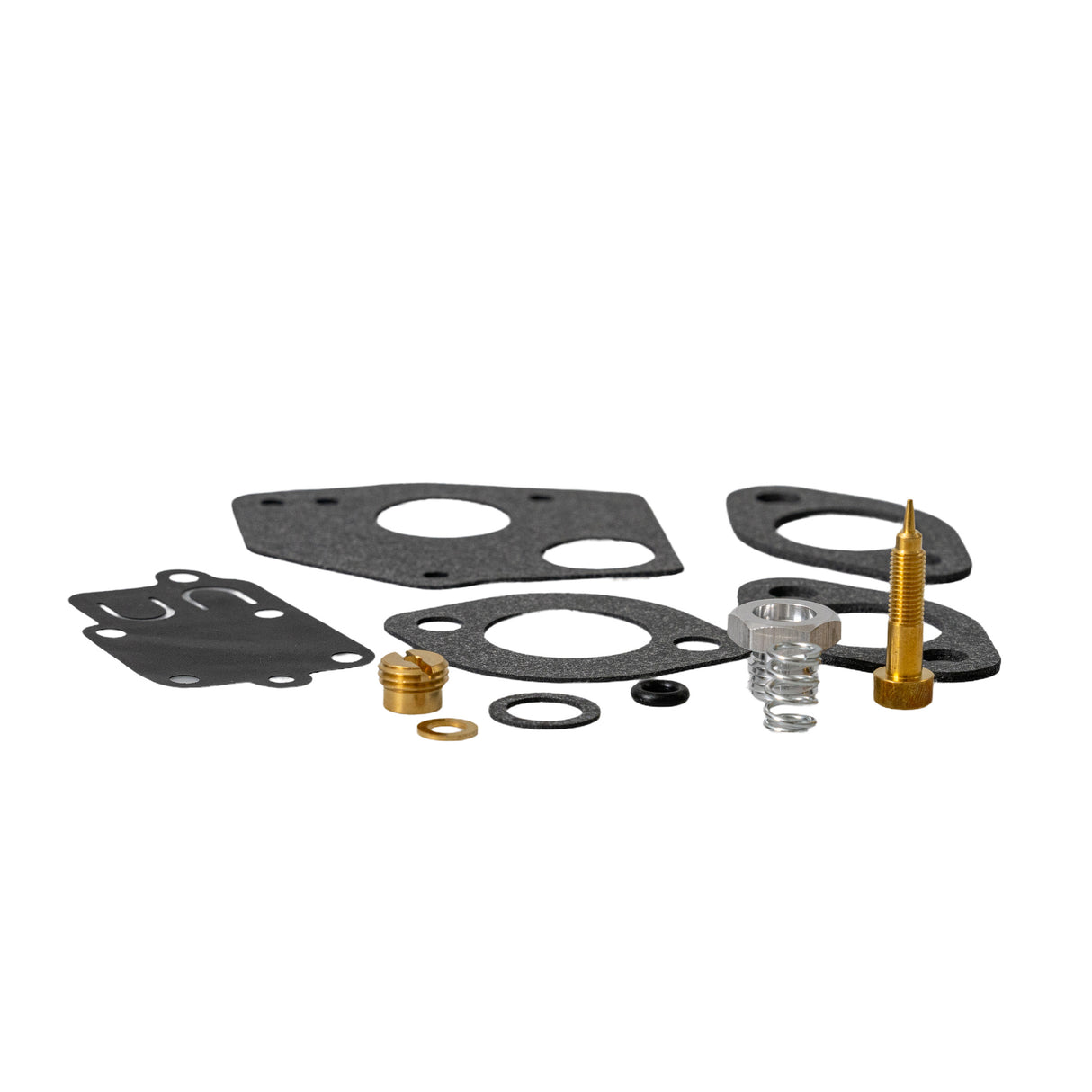 Carburetor Repair Kit 495606, 494624 for Briggs & Stratton Engines featuring metal parts, black rubber gaskets, a metal spring, and a gold screw, essential for rebuilding and repairing carburetors.