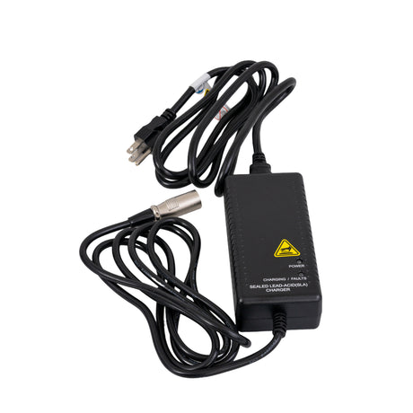 24 Volt 2.0 Amp XLR Battery Charger for Drive Medical Scout DST 3 & Scout DST 4 Mobility Scooters, featuring a black power supply with cables and a yellow triangle warning sign.