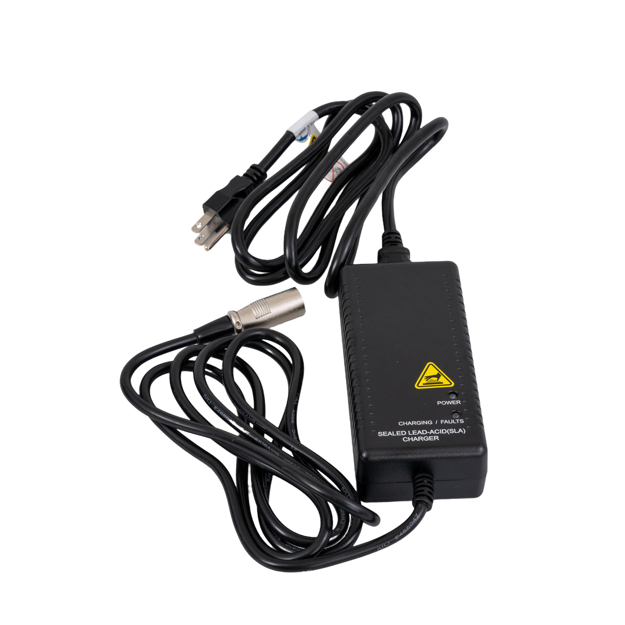 24 Volt 2.0 Amp XLR Battery Charger for Rascal Scooters & Power Chairs featuring a black power supply with a yellow warning triangle and attached cables.