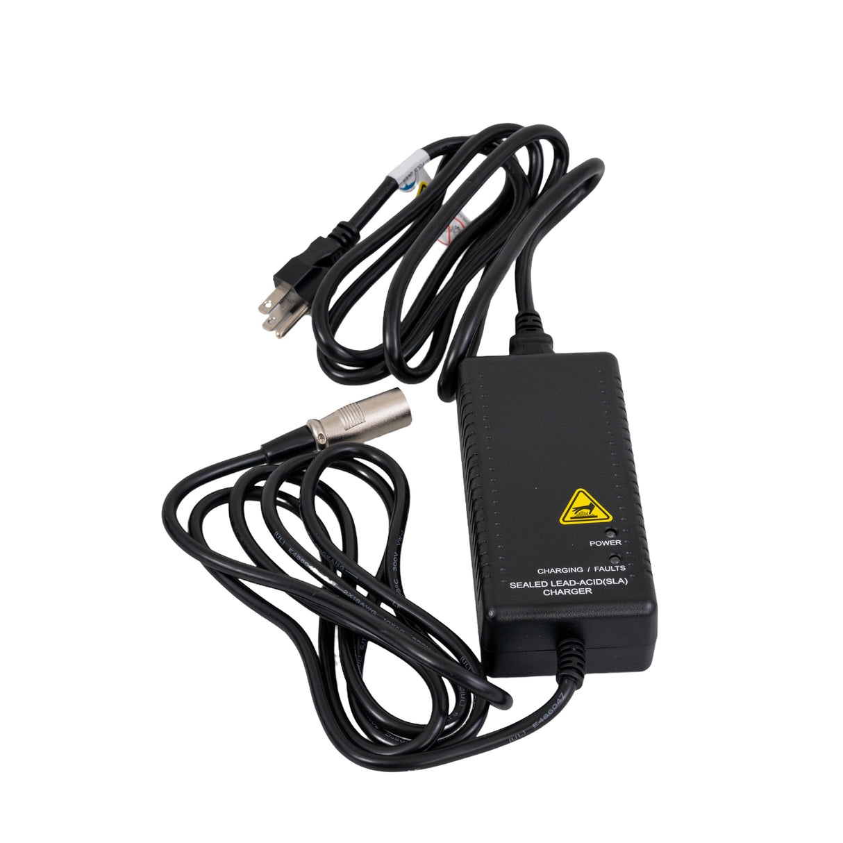 24 Volt 2.0 Amp XLR Battery Charger for the Go-Go Folding Scooter (S19) with SLA Batteries, featuring a black power supply with wires and a yellow triangle warning sign.