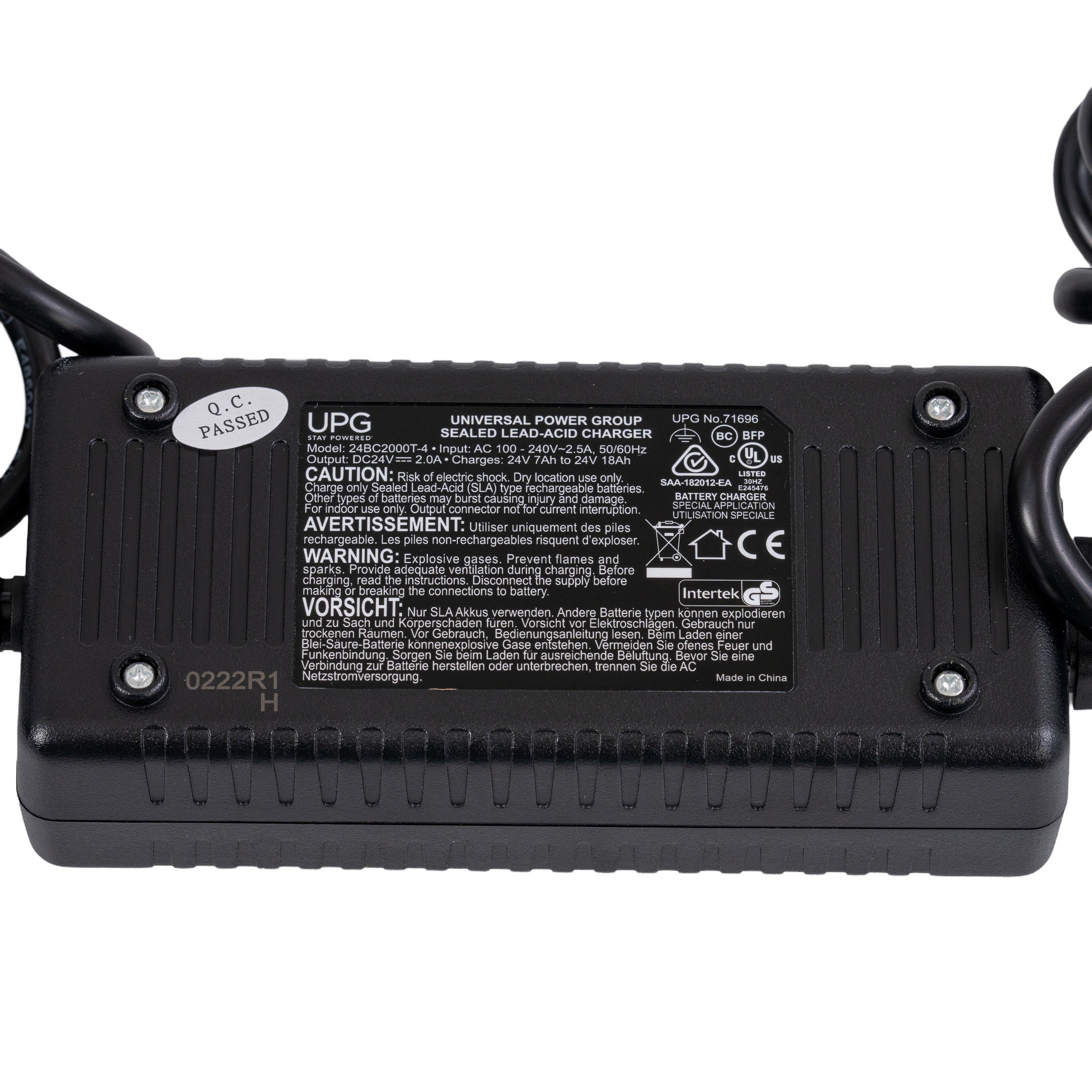 24 Volt 2.0 Amp Off-board Battery Charger for Shoprider Scooters & Power Chairs, featuring a black compact design, visible wires, and close-up details of screws and connectors.