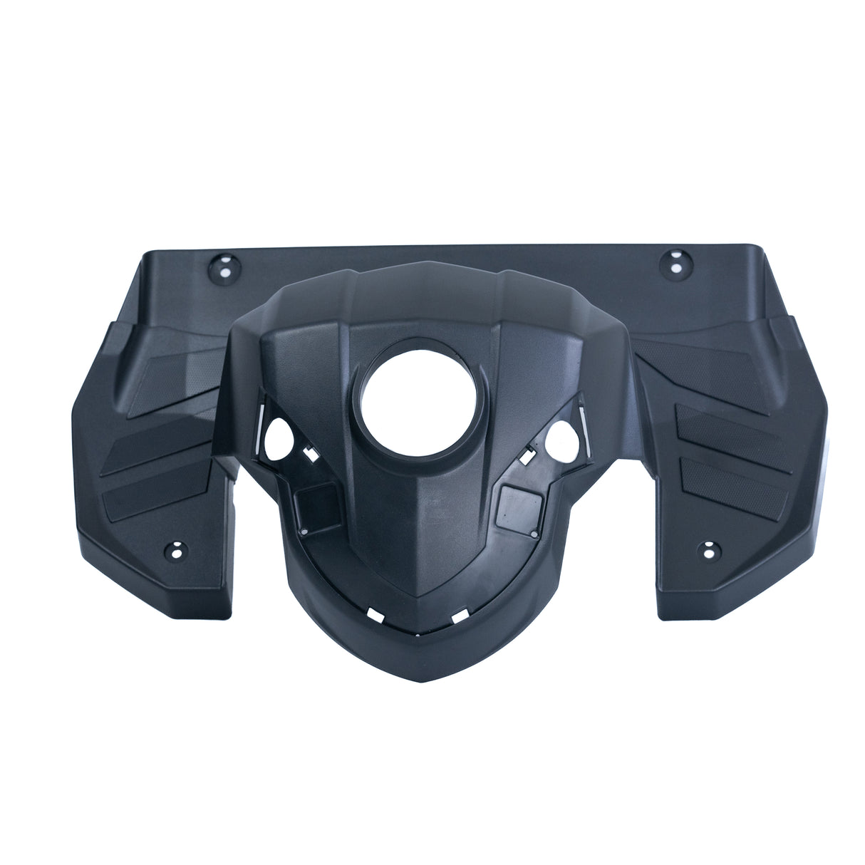 Front Shroud for the 3-Wheel Drive Medical Ventura & Ventura DLX Scooters: A black plastic cover with a circular hole, designed as a replacement part for damaged scooter front shrouds.