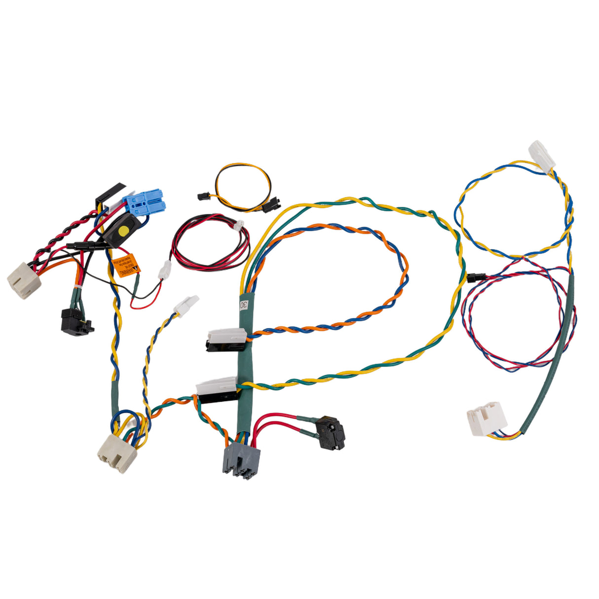 Wiring Harness Kit for the Dynacraft Disney Princess Cinderella 24V Electric Carriage, featuring connectors, circuit breakers, and fittings, displayed as a detailed arrangement of wires and connectors for easy replacement.