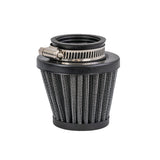 Close-up of a 39 mm air filter for PZ26 and PZ27 carburetors, compatible with 110cc and 125cc ATVs, dirt bikes, and go-karts, featuring a detailed metal mesh and included hose clamp.