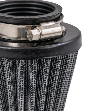 Close-up of a 39 mm air filter for PZ26 & PZ27 110cc & 125cc carburetor ATVs, dirt bikes, go-karts, and scooters, featuring a metal mesh and hose clamp.