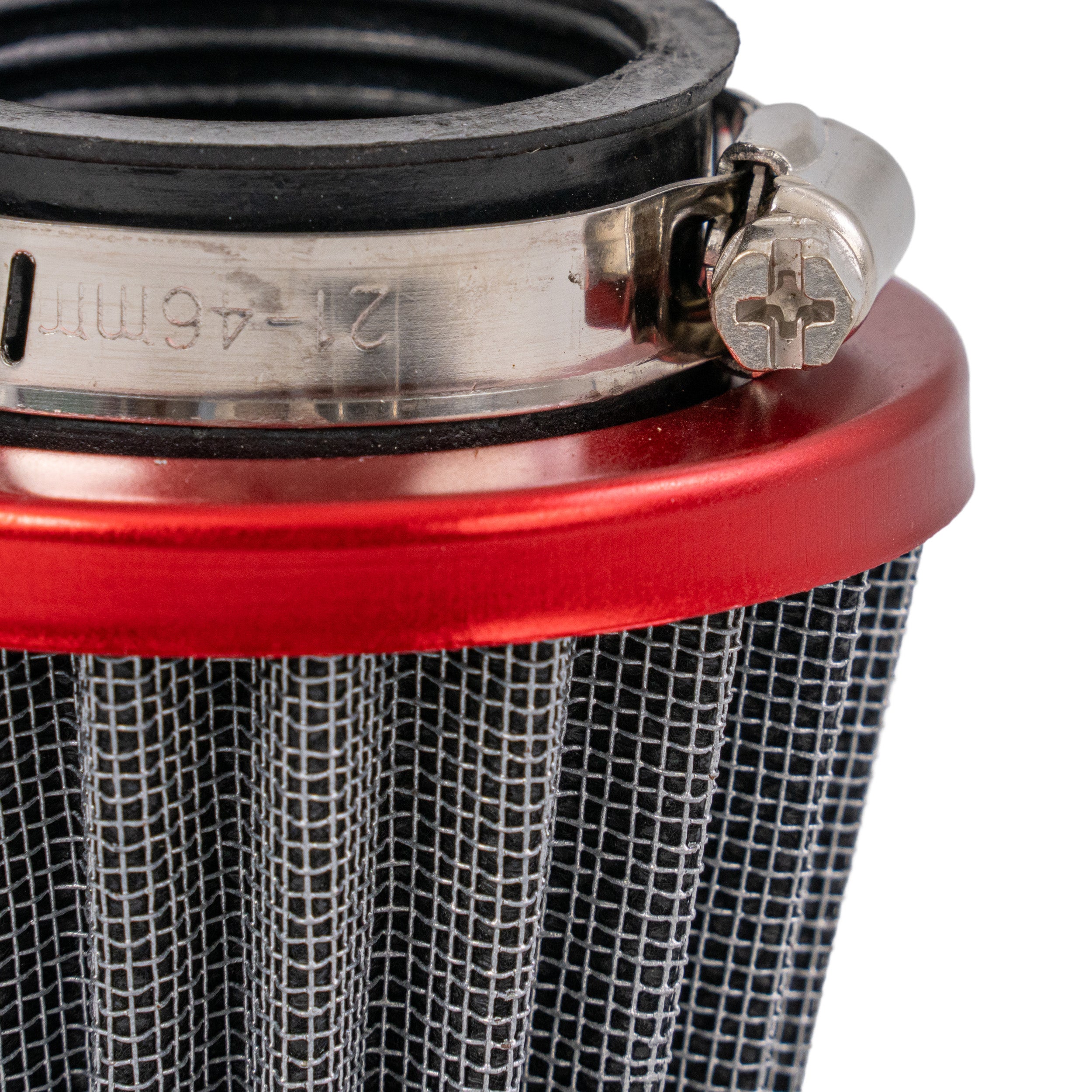 Close-up of a 39 mm air filter for PZ26 & PZ27 carburetors on ATVs, dirt bikes, go-karts, and scooters, featuring a metallic ring and mesh with an included hose clamp.