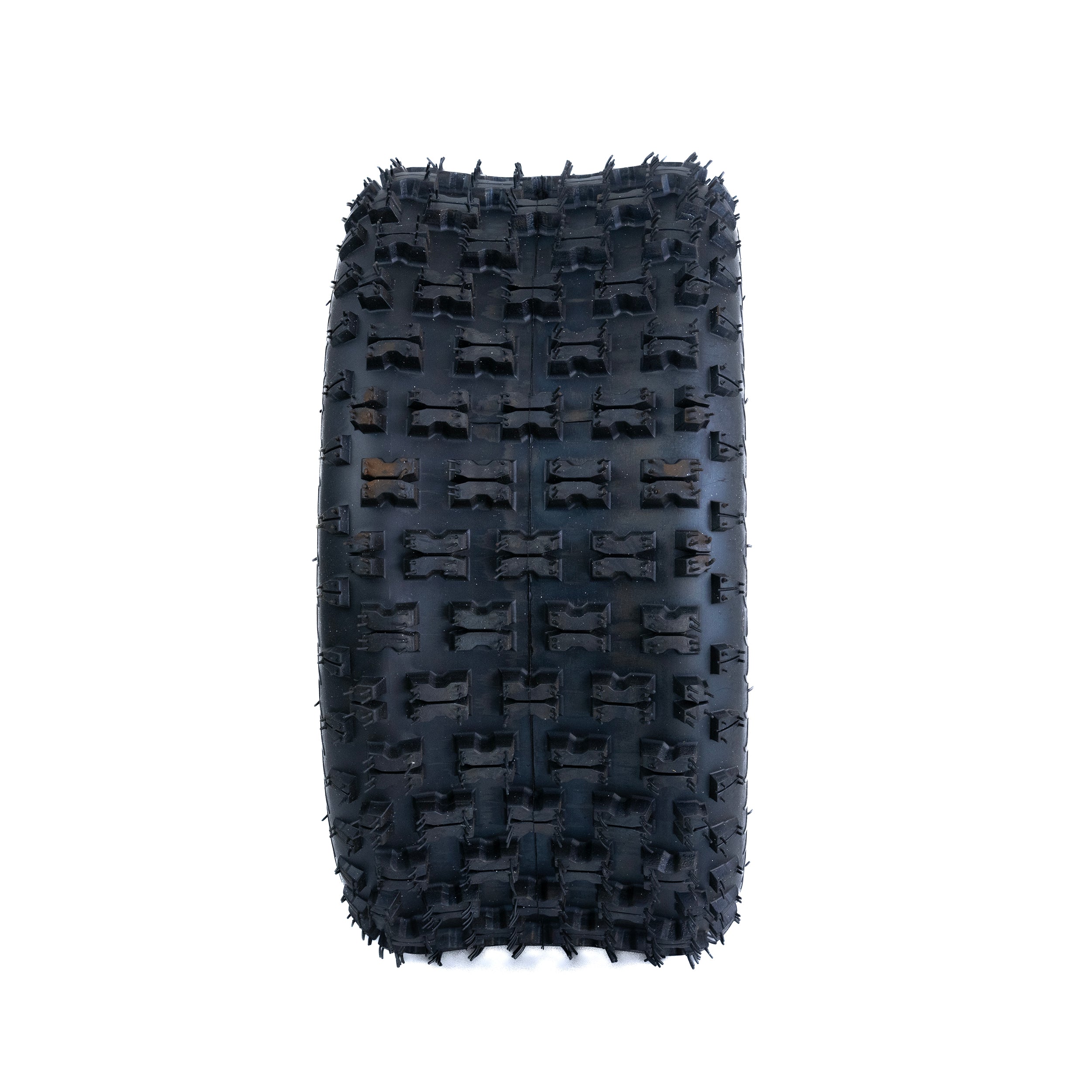 20x10.00-9 (250/55-9) Knobby Tread ATV & Go-Kart Tire, featuring small spikes for enhanced off-road performance, visible in a close-up shot showing its rugged, durable design.