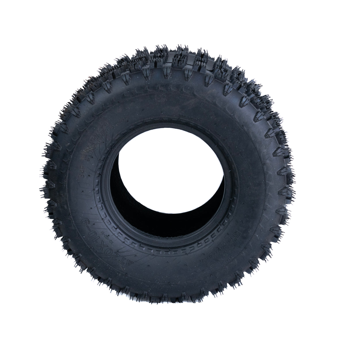 20x10.00-9 (250/55-9) Knobby Tread ATV & Go-Kart Tire with prominent spikes, designed for off-road performance, suitable for ATVs, go-karts, and lawn equipment.