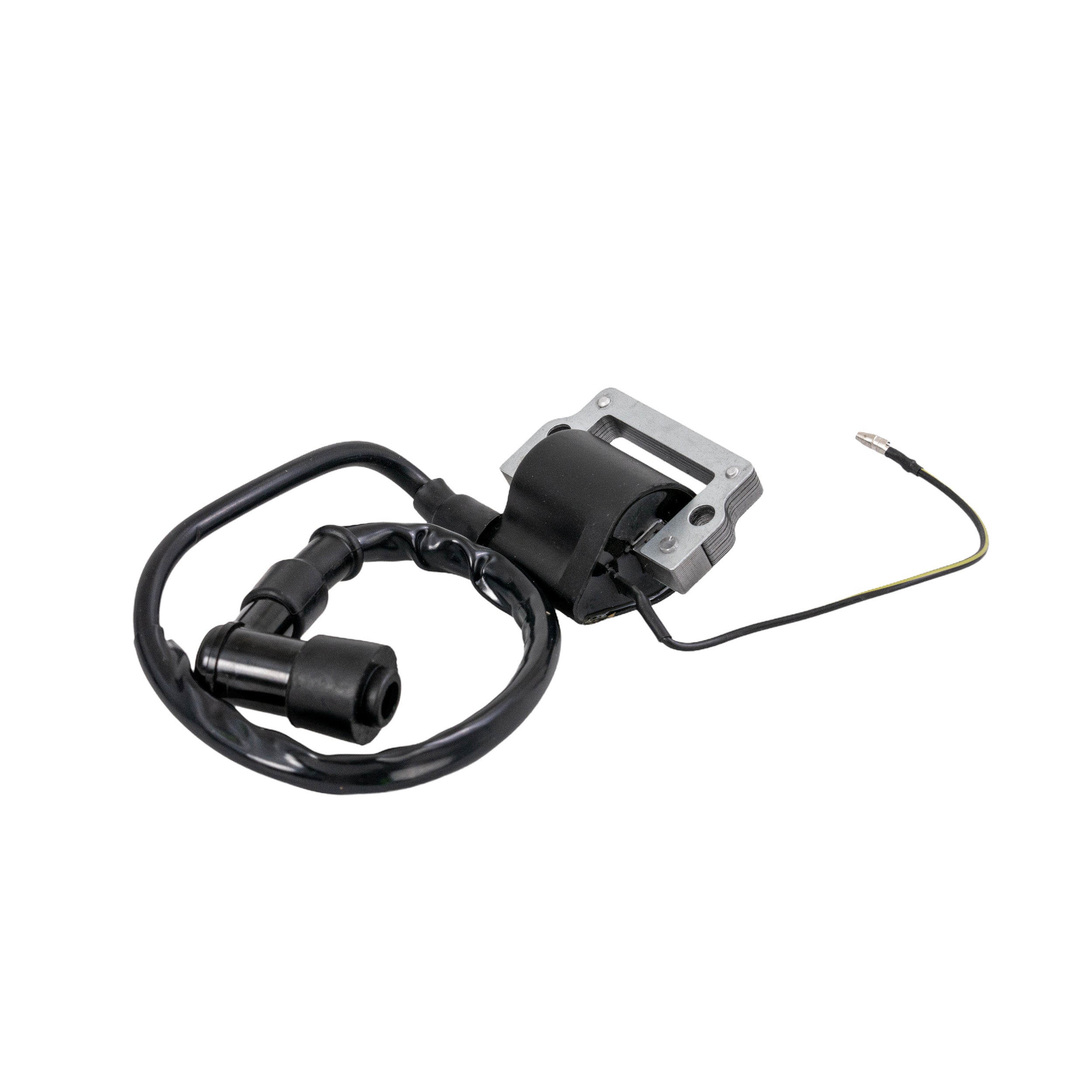 Ignition Coil for the Honda ATC-70 (1978-1985), featuring a black electrical device with an attached wire and metal components, designed as a replacement for the classic 3-wheeler's ignition system.