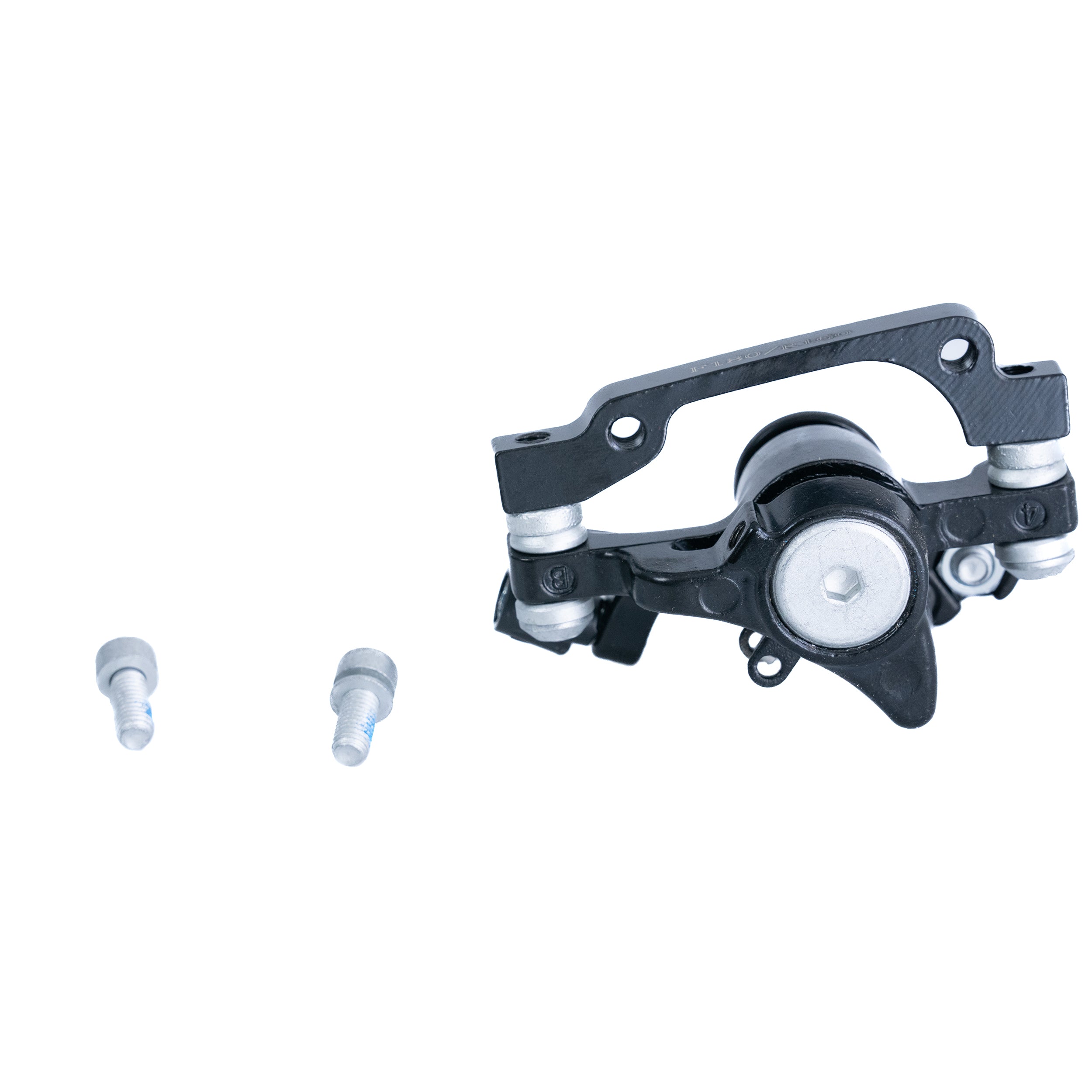 Brake Caliper for Jetson® Electric Bicycles shown with black and silver metal parts and screws, highlighting the close-up details of the mechanical components crucial for smooth stopping.